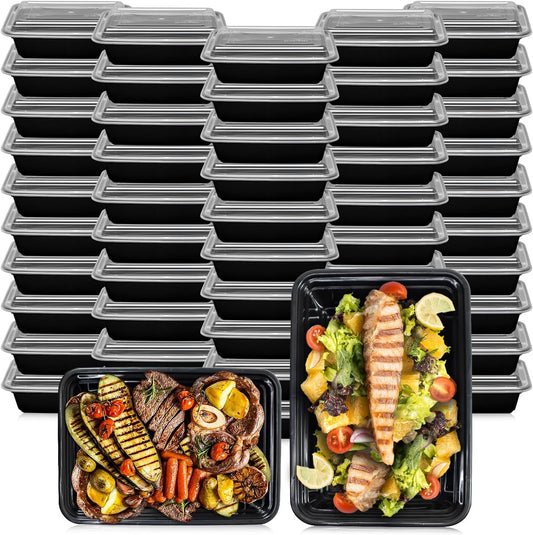 Klex 38 Oz, 150 Sets Meal Prep Containers with Airtight Lids, BPA Free, Reusable Plastic Food Container, 38 oz, Rectangular, Black/Clear, 150 Sets