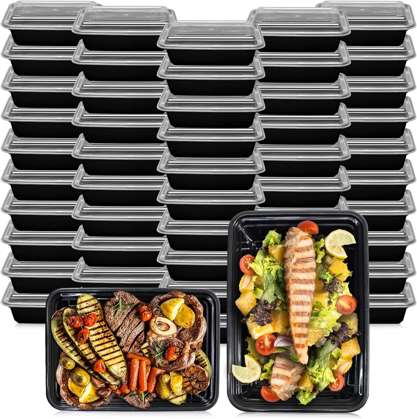 Klex 24 Oz, 150 Sets Meal Prep Containers with Airtight Lids, BPA Free, Reusable Plastic Food Container, 24 oz, Rectangular, Black/Clear, 150 Sets