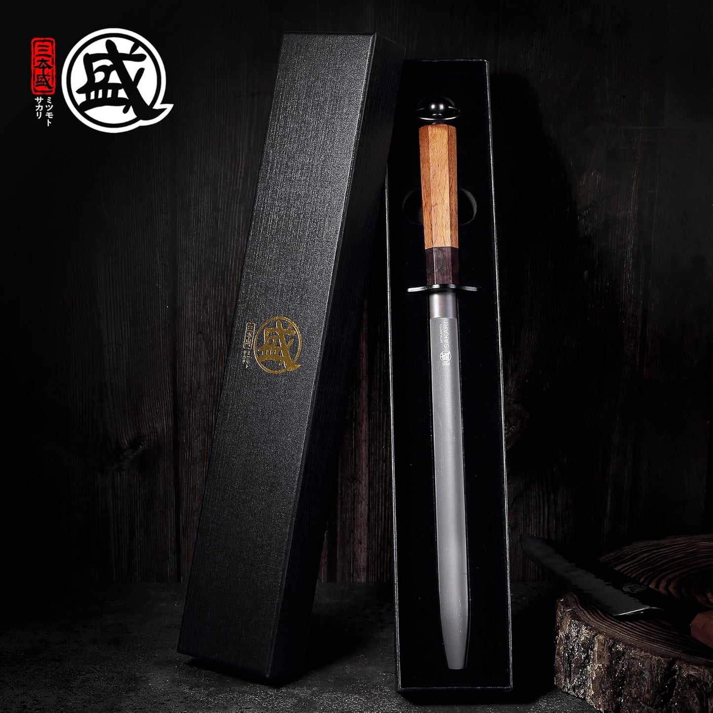 MITSUMOTO SAKARI 12 Inch Flat Honing Rod, Japanese High Carbon Honing Steel (Sourwood Handle)