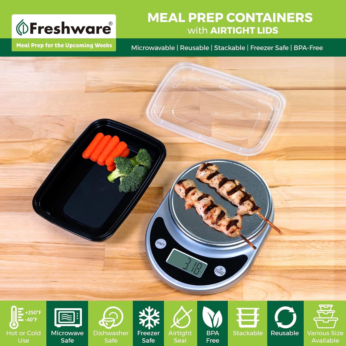 Freshware Meal Prep Containers 1 Compartment Food Storage Containers with Lids, Bento Box, BPA Free, Stackable, Microwave/Dishwasher/Freezer Safe (28 oz), 50 Count (Pack of 6)