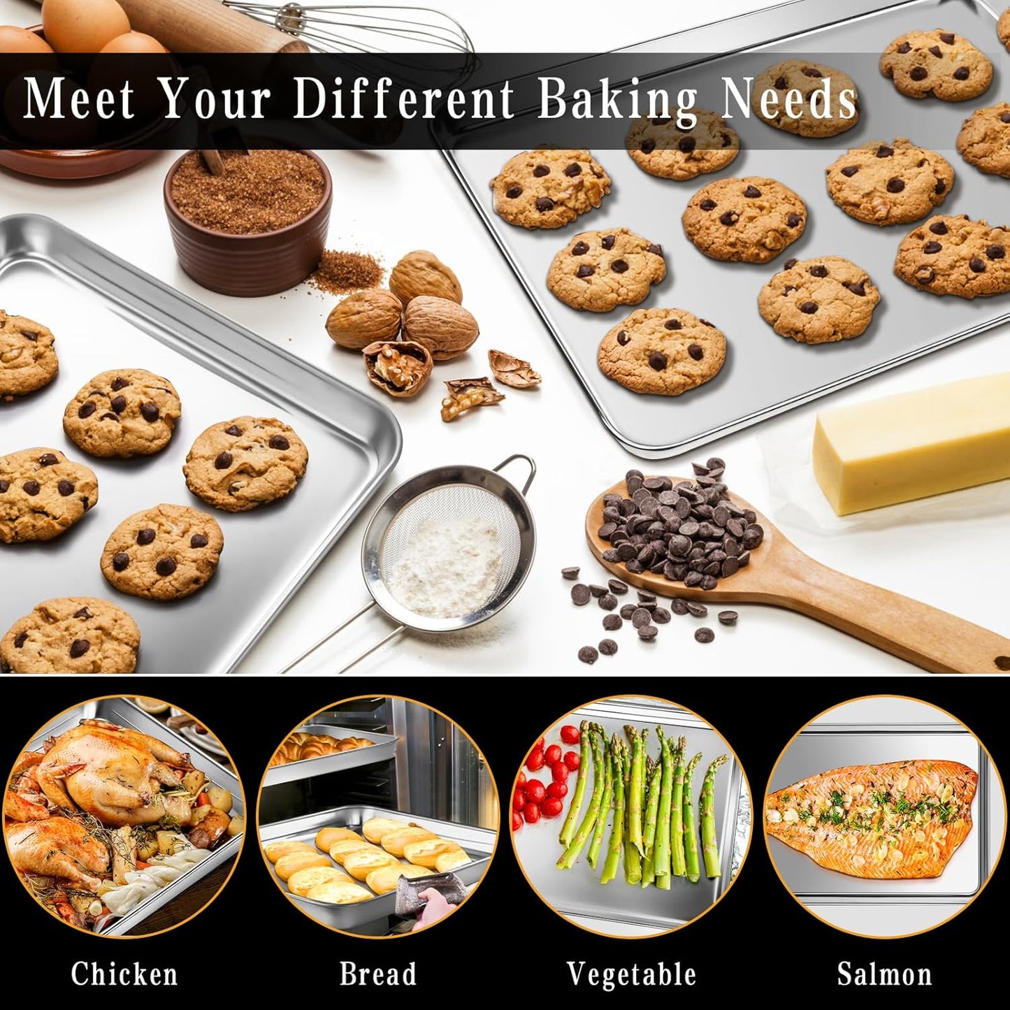 Stainless Steel Baking Sheet Set, 2 Pcs Cookie Sheet Pan Baking Trays for Oven, Non Stick and Heavy Duty and Easy Clean, 15.9 x 12 x 1 Inch