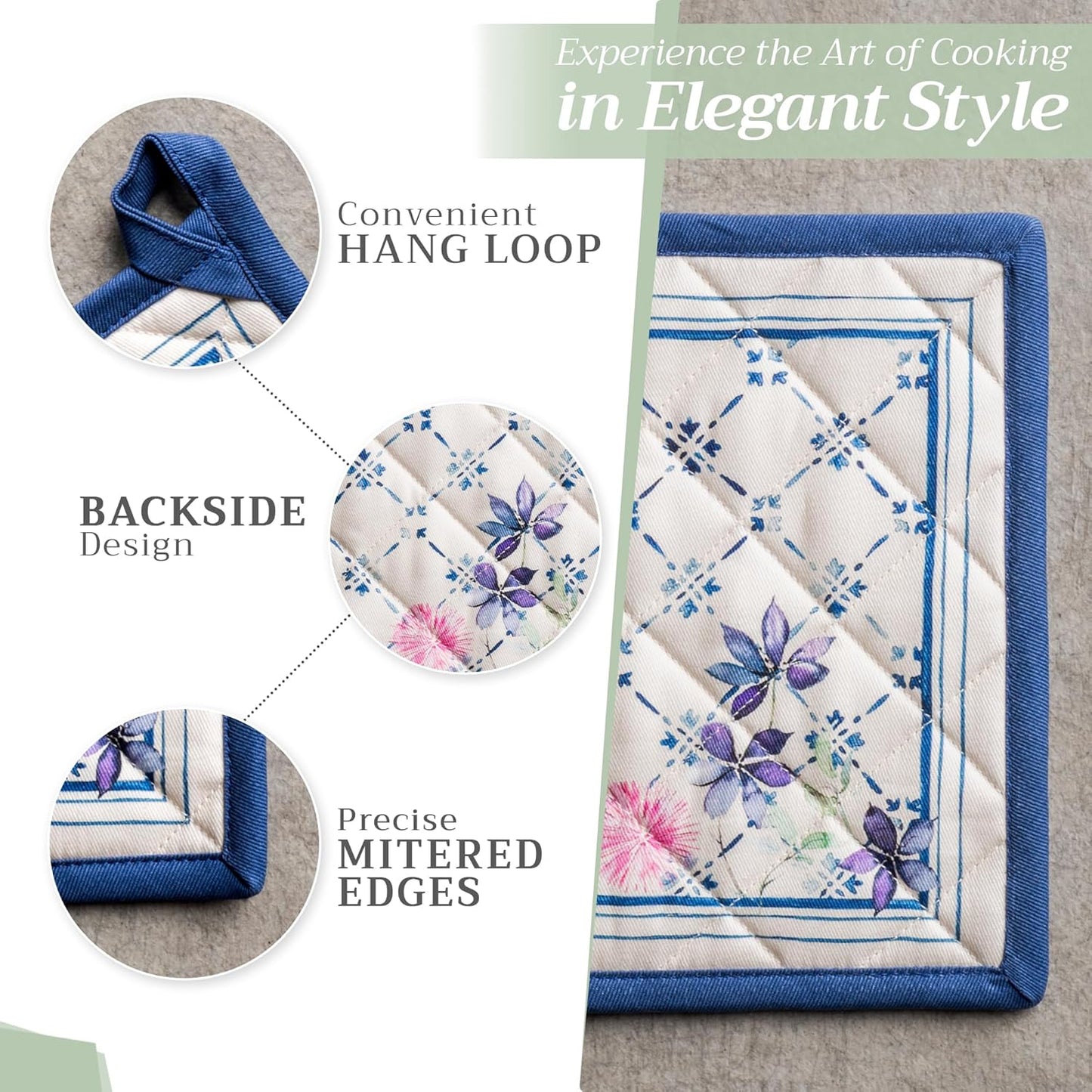 Maison d' Hermine Pot Holders Set 100% Cotton Heat Resistant Potholders 8" x 8" Hot Pads with Loop BBQ, Cooking, Baking, Grilling, Kitchen, Handling Hot Pans Spring/Summer (Pack of 2, Faience)