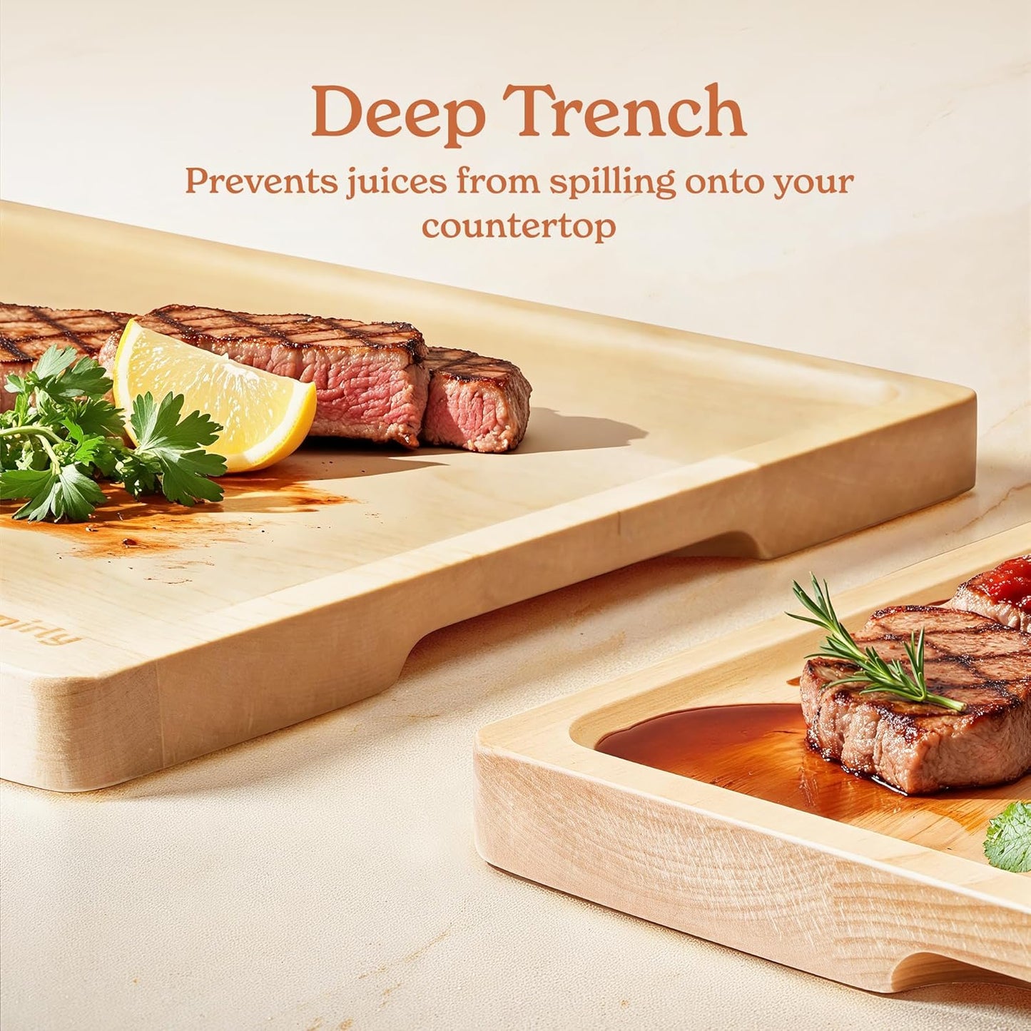 SMIRLY Wood Cutting Boards for Kitchen Wooden Chopping Board Set Reversible with Deep Juice Grooves Grip Handles, Large Charcuterie Tray for Home Kitchen, Natural Birch, 3Pcs with Holder