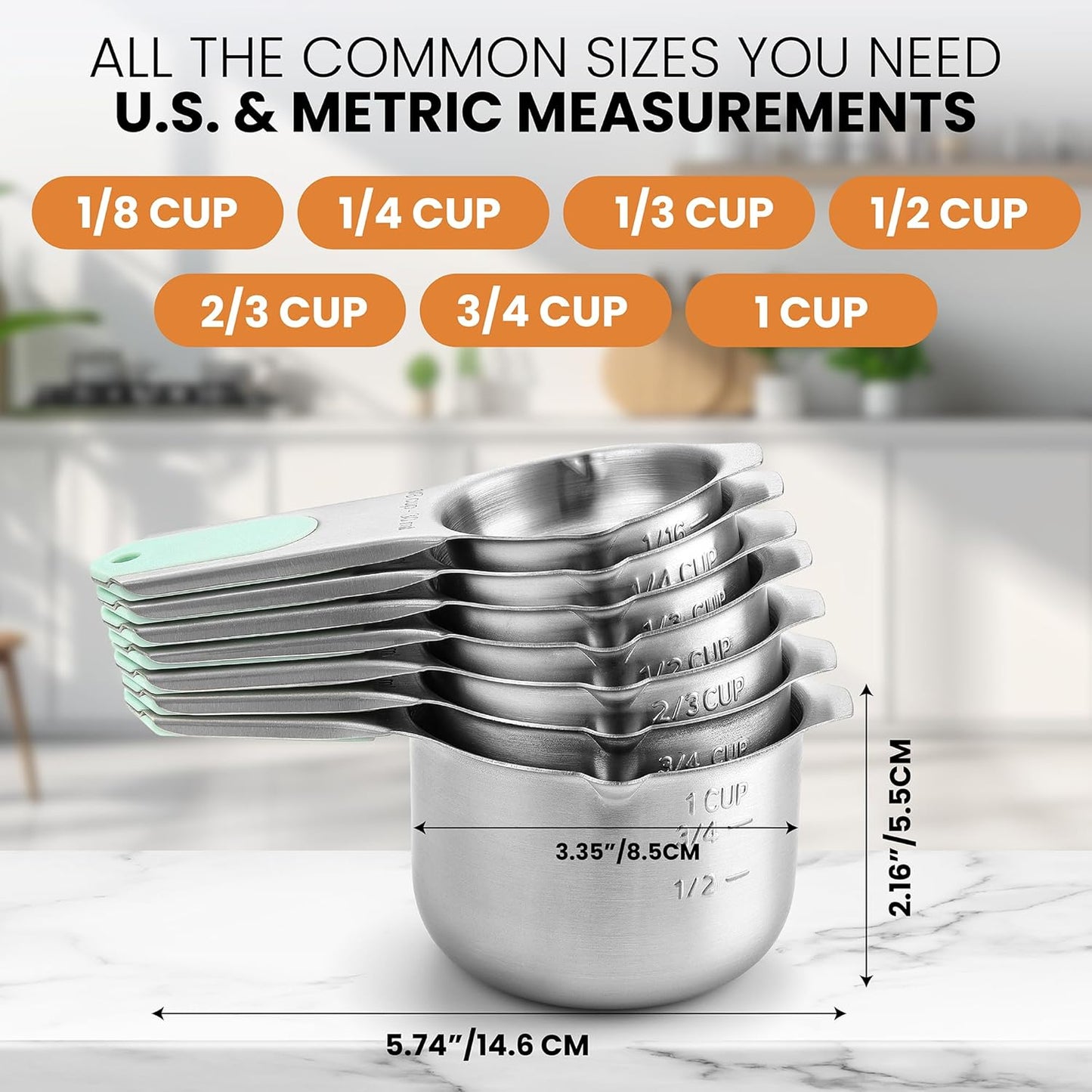 Spring Chef Magnetic Stainless Steel Measuring Cups, Patented, Kitchen Tools with Easy to Read Markings for Measuring Dry or Liquid Ingredients, Set of 7, Mint