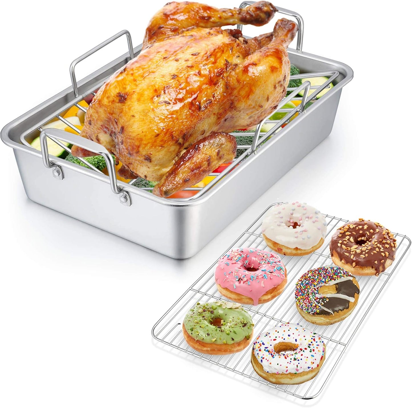 P&P CHEF 14" Roaster Roasting Pan with Baking Rack and V-shaped Rack, Stainless Steel Rectangular Lasagna Pan with Handles for Turkey Chicken, Healthy & Dishwasher Safe, 3 Pieces, Silver