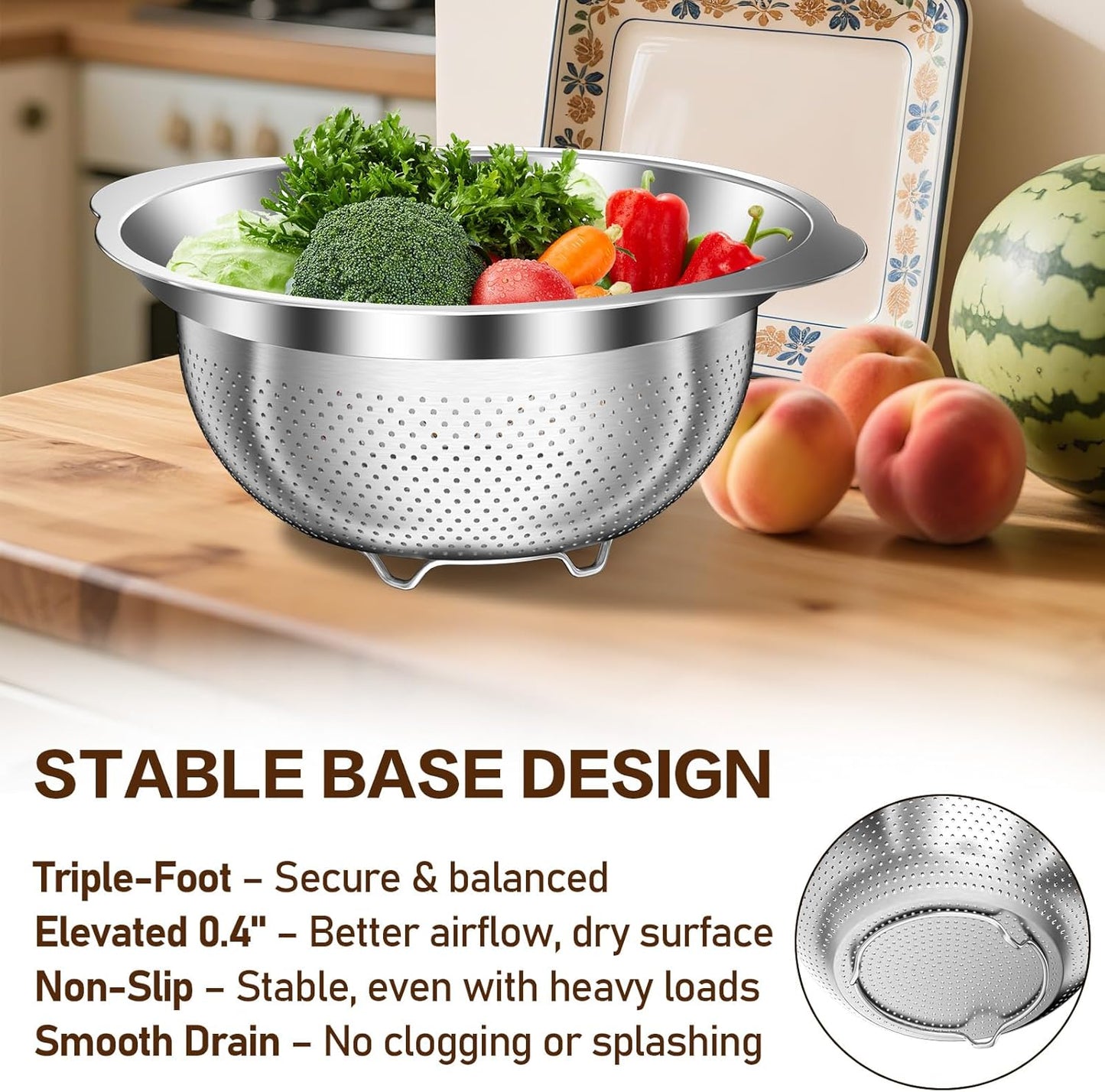 Stainless Steel Colander for Kitchen, Stainless Steel Strainer, Pasta Strainer for Spaghetti Fruits Vegetables Cooking Food, 3 Pcs Strainers and Colanders(2QT, 3QT, 5QT), Dishwasher Safe, Silver