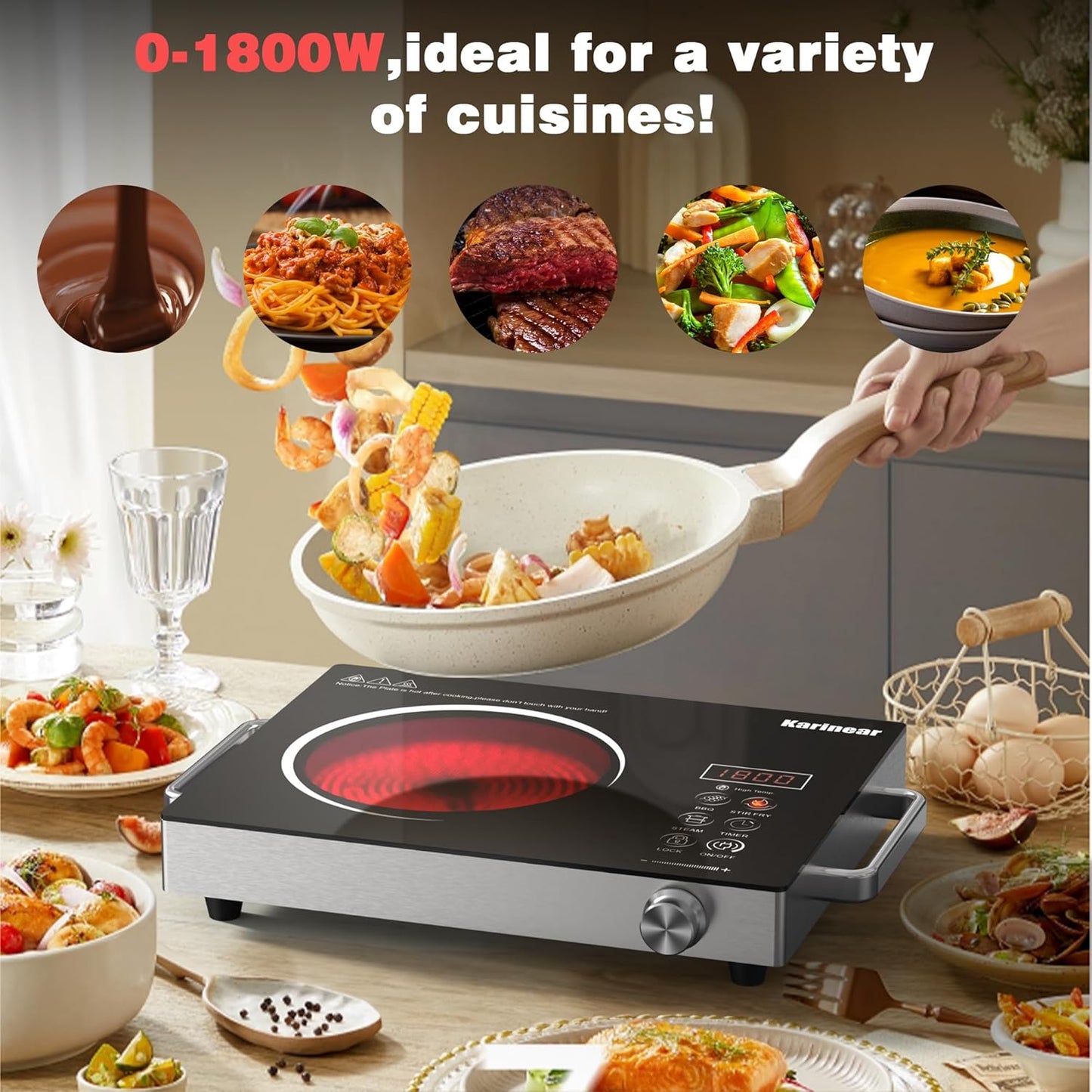 Karinear Portable Electric Stove 110V, 1800W Electric Hot Plate with Handle, Knob Control Single Burner Electri Cooktop, Ceramic Infrared Countertop Burner, Timer, Safety Lock