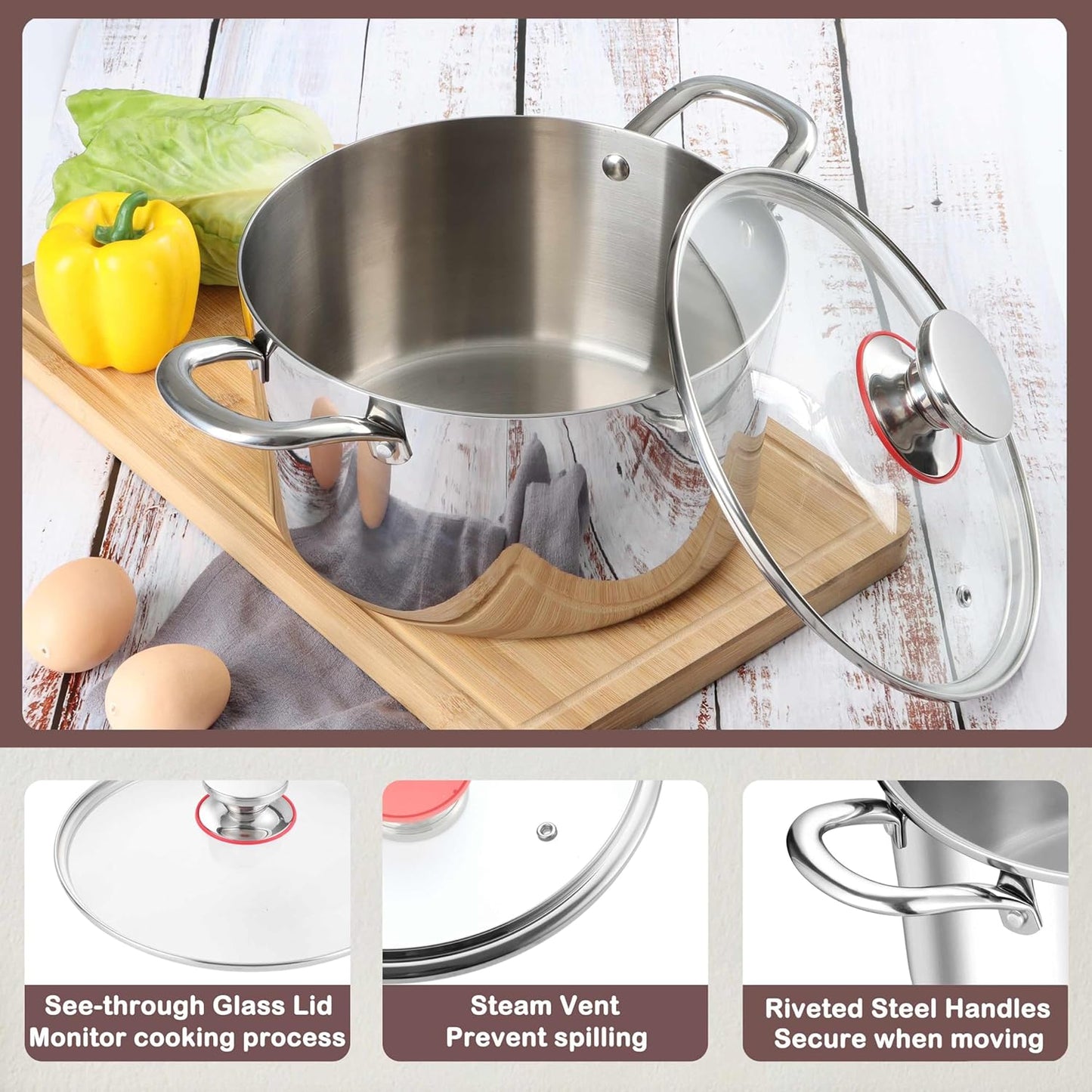 Herogo 4 Quart Stock Pot, 18/10 Stainless Steel Cooking Pot with Lid, Tri-Ply Pasta Stockpot with Handles, 4 QT Stockpot for Induction Gas Electric Stove, Dishwasher Safe