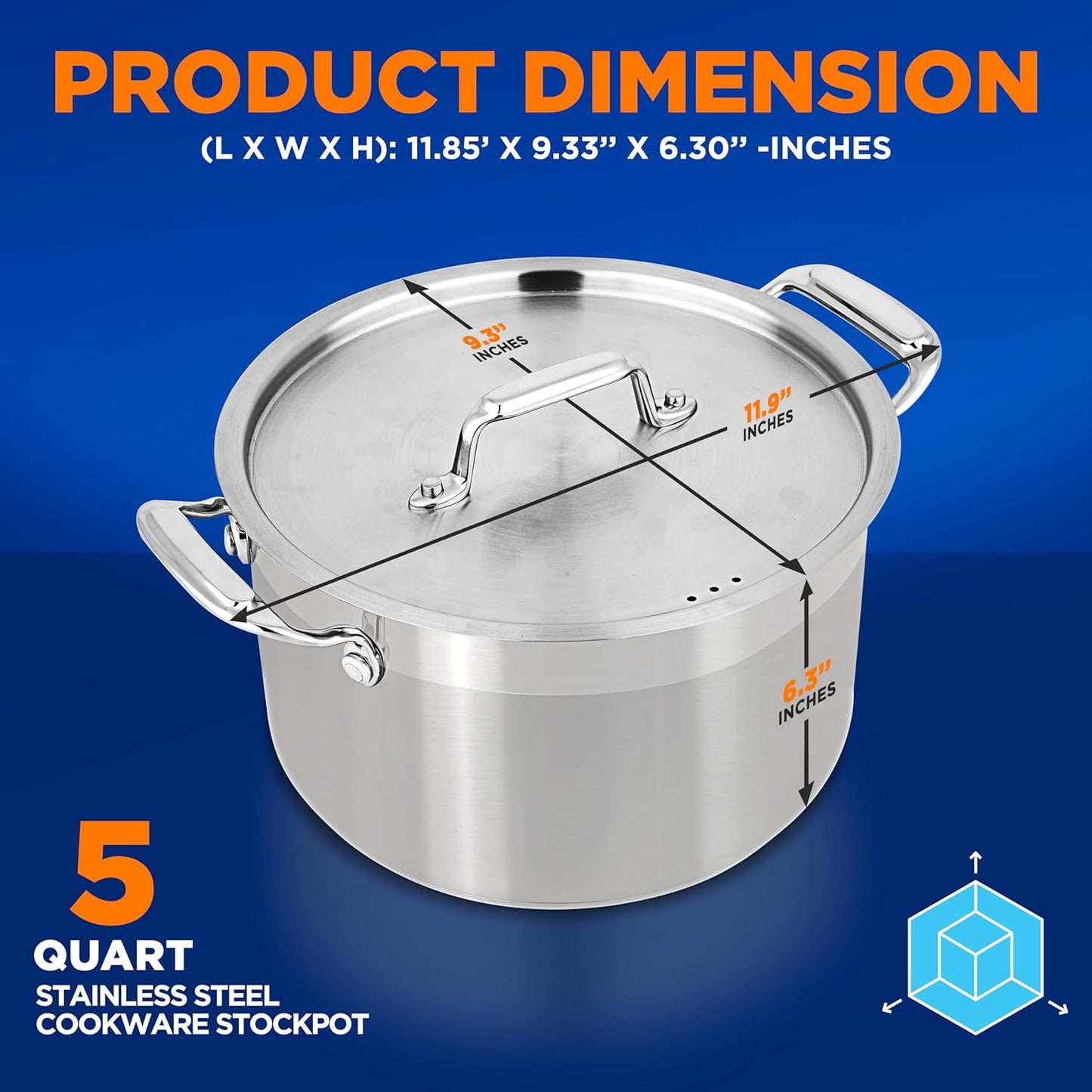 NutriChef 5-Quart Stainless Steel Stockpot with Lid- 18/8 Food Grade Heavy Duty Inox Large Stock Pot for Stew, Soup, Works w/ Induction