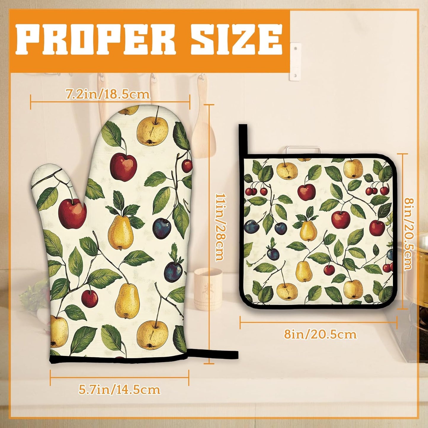 Retro Fruit Oven Mitts and Pot Holders Set,Cherry Kitchen Oven Gloves and Pot Holder with Heat Resistant Non Slip for Cooking Baking Grilling(4 Piece Set)