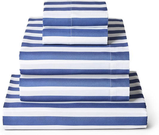 Mellanni Split King Sheets Set - 5 PC Iconic Collection Bedding - Hotel Luxury, Extra Soft, Cooling Bed Sheets - Wrinkle, Fade, Stain Resistant (Split King, Oxford Stripe Blue Nova)