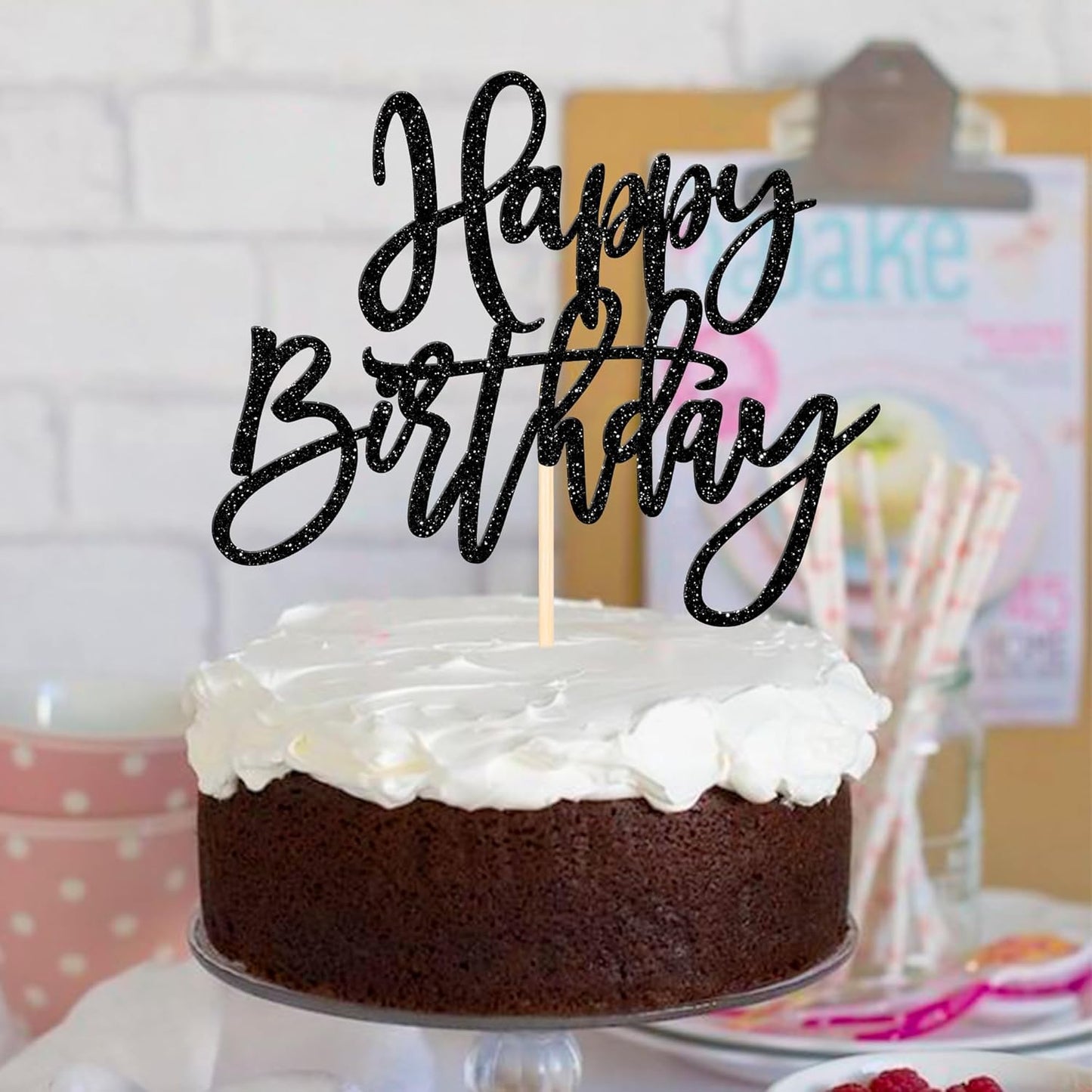 ZHUOWEISM 1 PCS Happy Birthday Cake Topper Glitter Happy Birthday Cake Pick for Celebrating Happy Birthday Anniversary Theme Party Cake Decorations Supplies Black