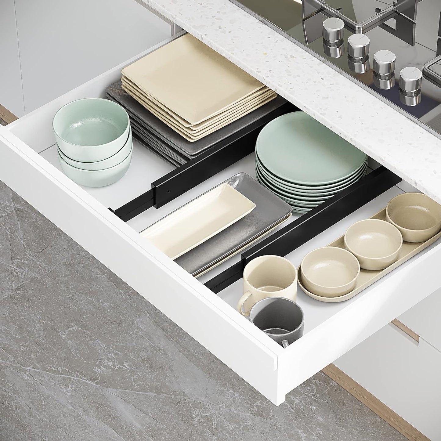 BAMEOS Drawer Dividers Bamboo Separators Organization Expandable Organizers for Kitchen Bedroom Bathroom Dresser Office 4-pack