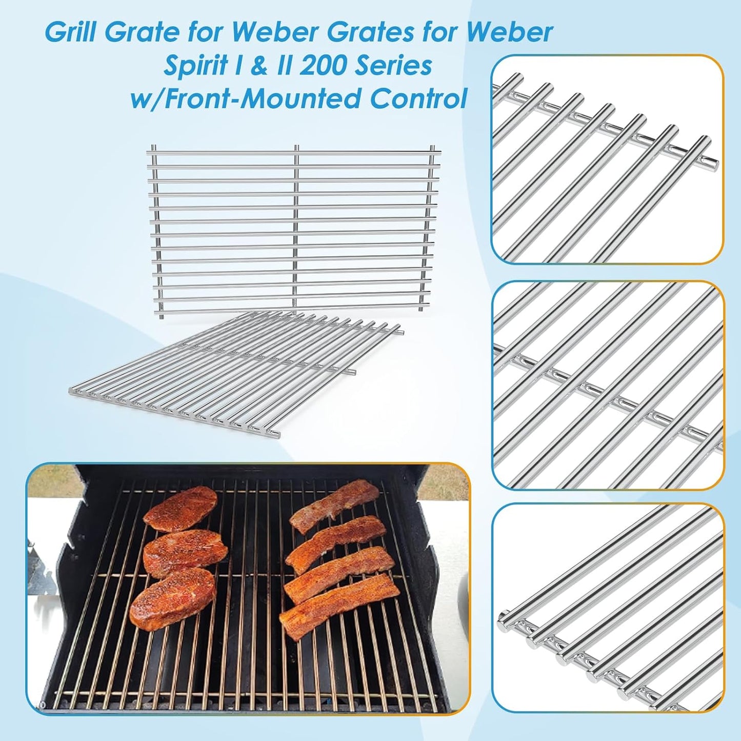 7637 17.5" Grill Grates Replacement for Weber Spirit I & II 200 Series, for Weber Spirit Grill Grates, Spirit 210, GS4 Spirit II 200 for Weber Spirit II Grill Parts, 7MM Stainless Steel Grill Grates