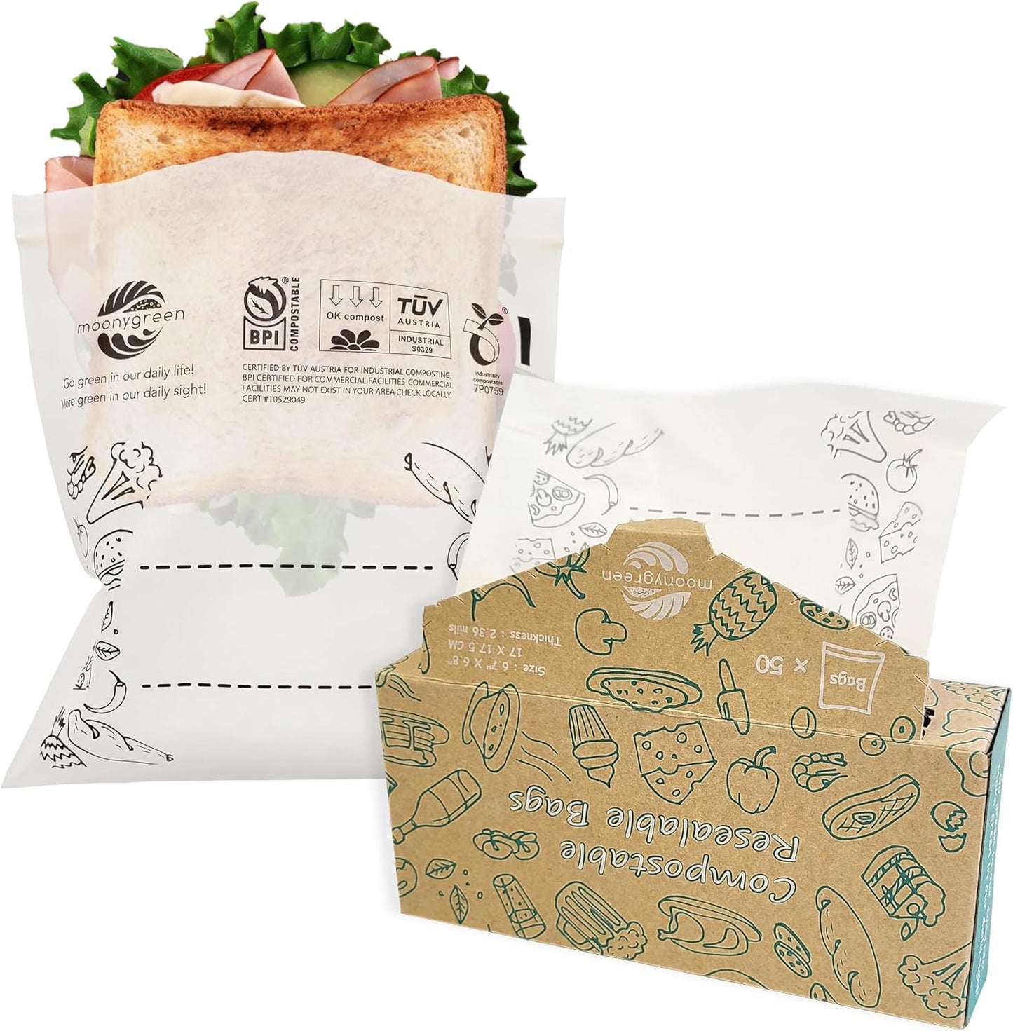 Compostable Food Storage Bags, Resealable Sandwich Bags, 50 Count, 6.7 x 6.8 inches, Extra Thick, Certified US BPI ASTM D6400 Europe OK Compost