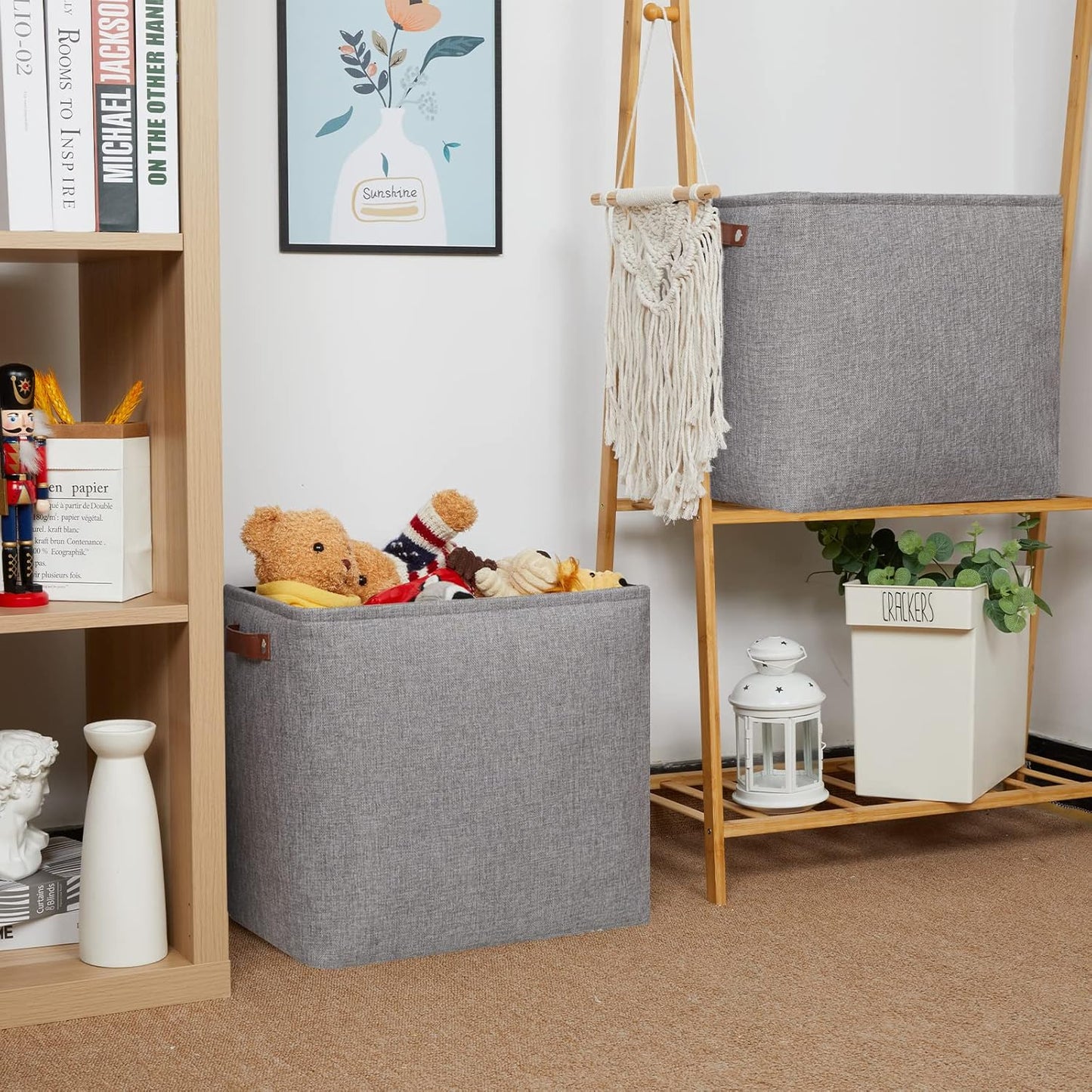 HNZIGE Tall Storage Baskets for Shelves, Rectangular Fabric Organizer with Handles, Decorative Closet Storage Bins (Grey)