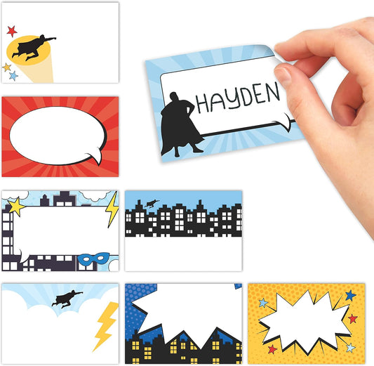 Name Tags Sticker - 56 Nametags for Classroom, Name Tag Stickers for Kids, Adhesive Classroom Labels for Teachers, Nametags Sticker for Clothes, Decorative Labels, Superhero Cubby Tags