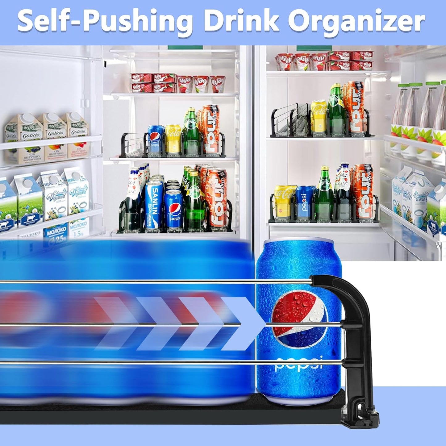 Drink Organizer for Fridge, Soda Can Organizer for Fridge, Self-Pushing Glide Drink Dispenser for Refrigerator-Holds up to 25 Cans Black (5 Rows)