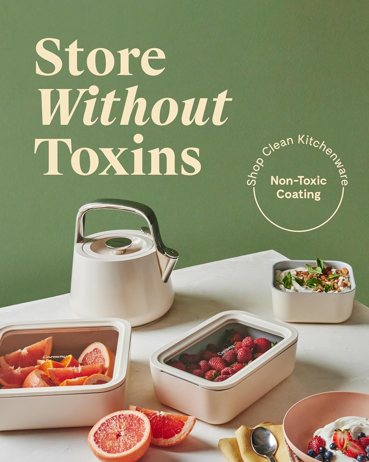 Caraway 3pc Glass Food Storage Set – 10 Cup, 6.6 Cup, & 4.4 Cup Food Containers - Ceramic Coated - Non Toxic Non Stick Lunch Box with Glass Lids - Dishwasher, Oven, & Microwave Safe - Sage