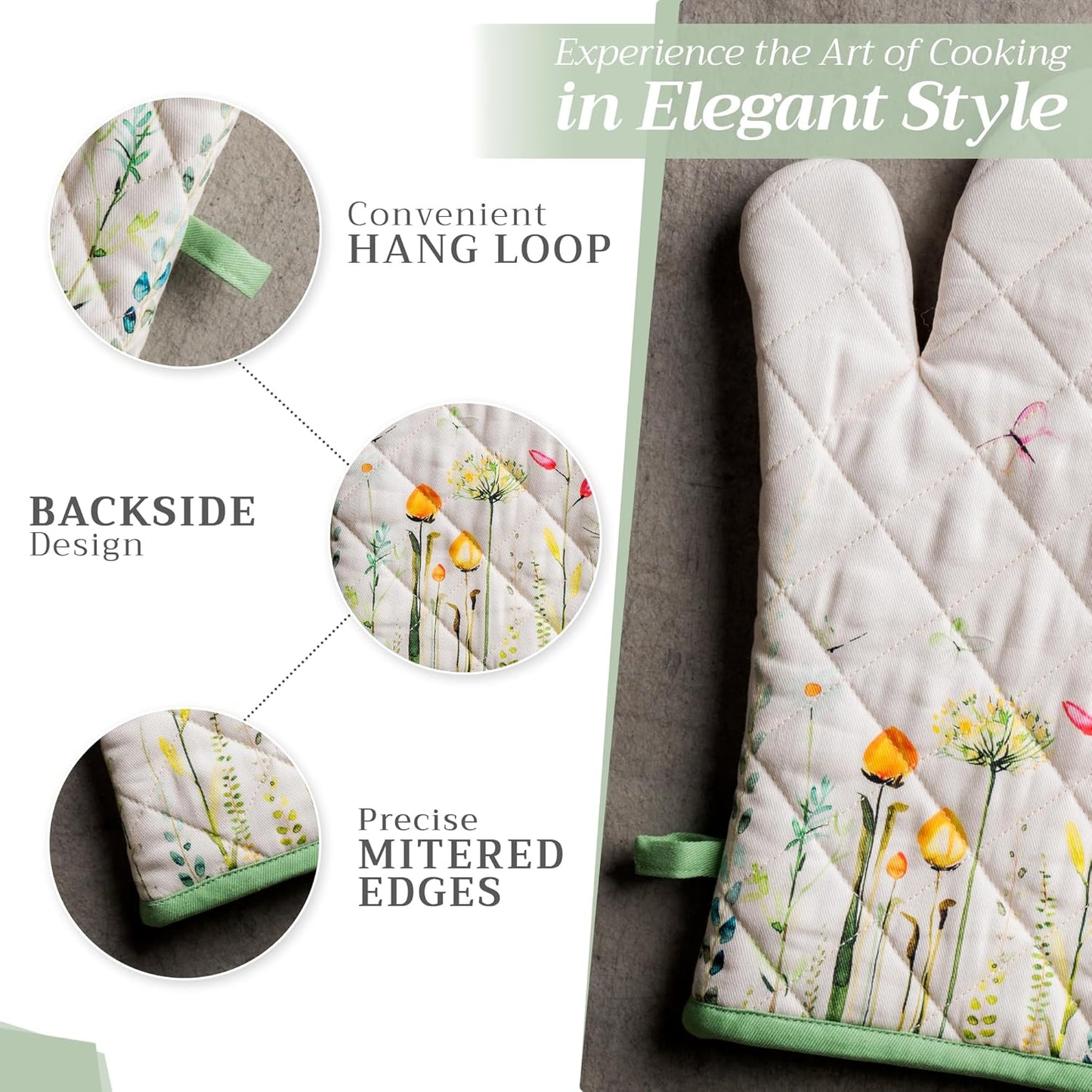 Maison d' Hermine 100% Cotton Oven Mitt & Pot Holder Set (7.5"x13" & 8"x8") Heat Resistant BBQ Cooking Gloves with Loop, Baking, Grilling, Kitchen, Handling Hot Pans Spring/Summer (Botanical Fresh)