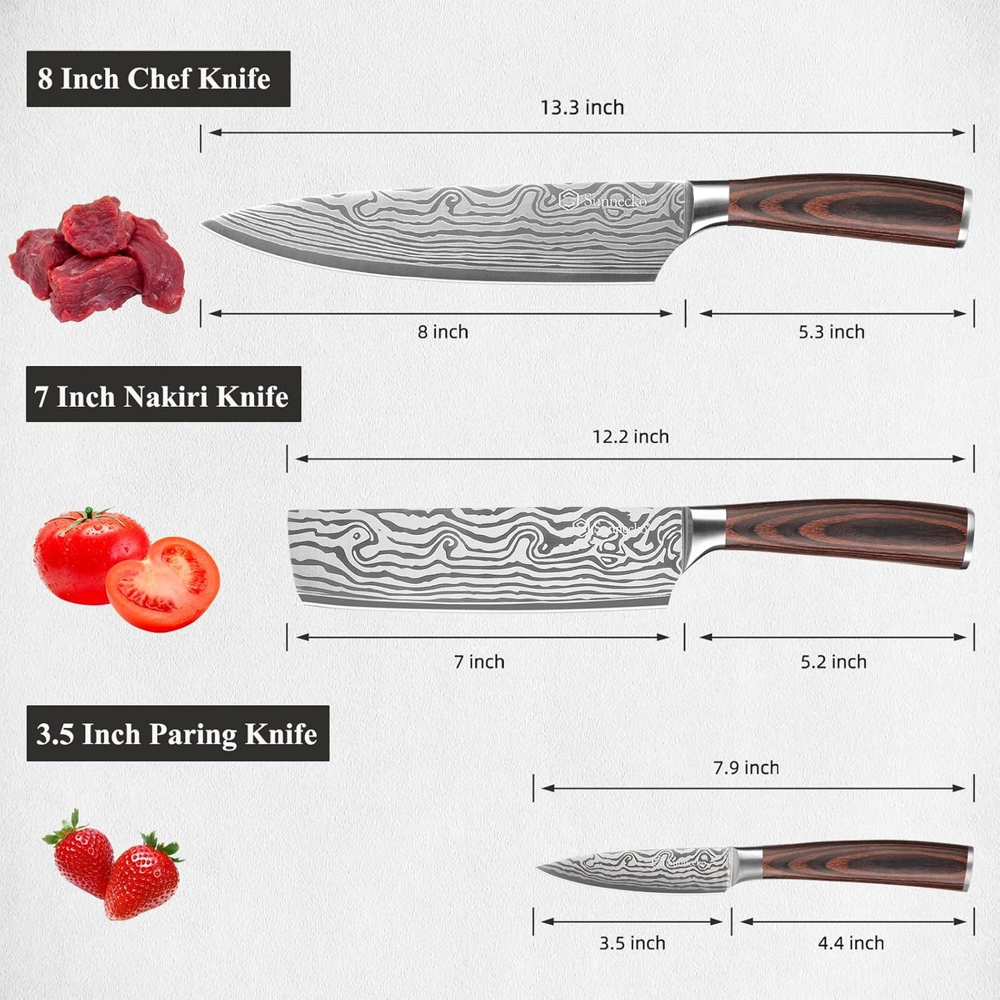 Sunnecko Kitchen Knife Set 3 Piece Chef Knife Set Professional High Carbon Stainless Steel, Sharp Kitchen Knives with Wooden Handle