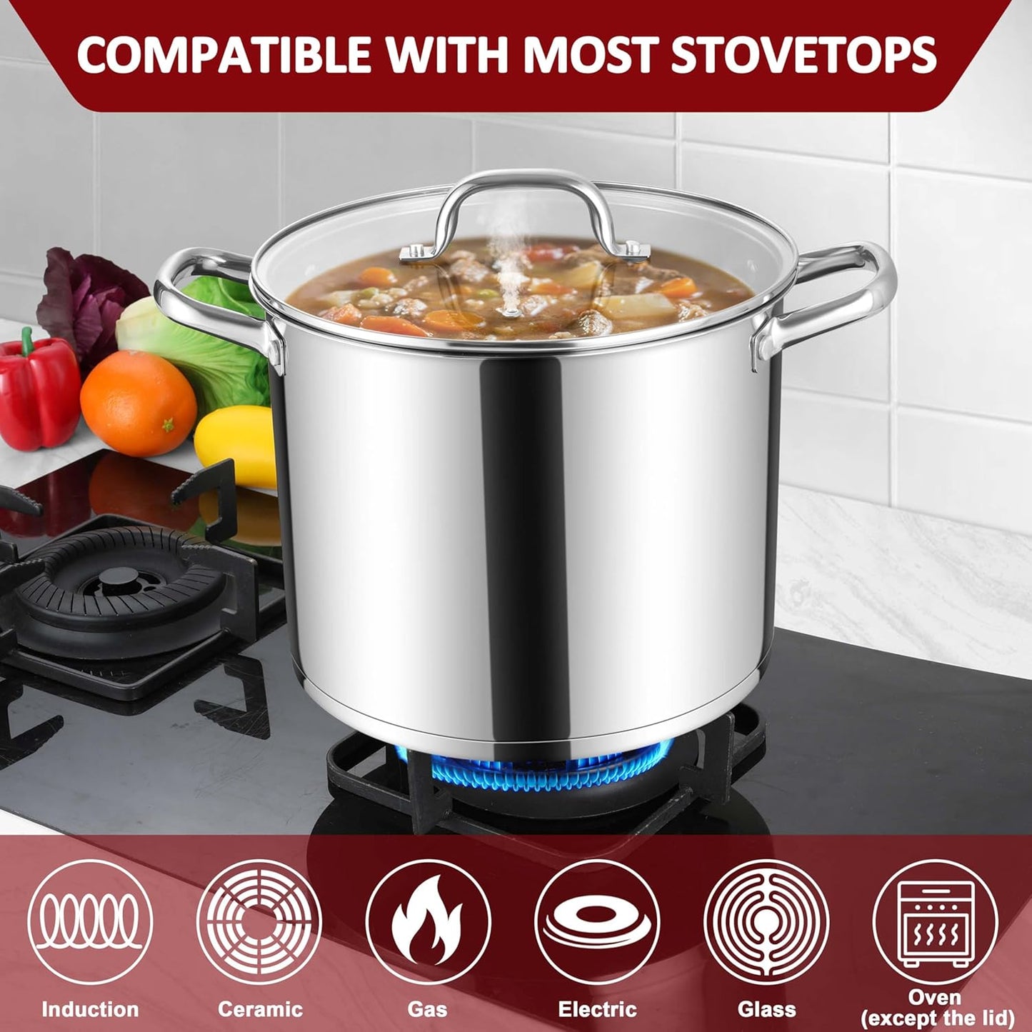 Herogo 12-Quart 18/10 Stainless Steel Stock Pot with Lid, Large Heavy Duty Soup Pot Compatible with Electric, Gas, Induction and Various Cooktops, Dishwasher Safe