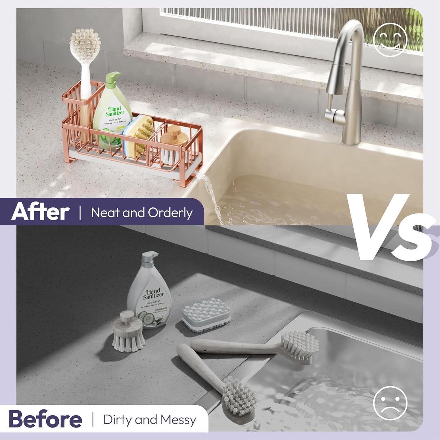 SWTYMIKI Sponge Holder for Kitchen Sink - Sink Caddy with Brush Holder Self-draining Sponge Caddy Organizer with Divider Stainless Steel Kitchen Accessories Storage for Countertop, Rose Gold