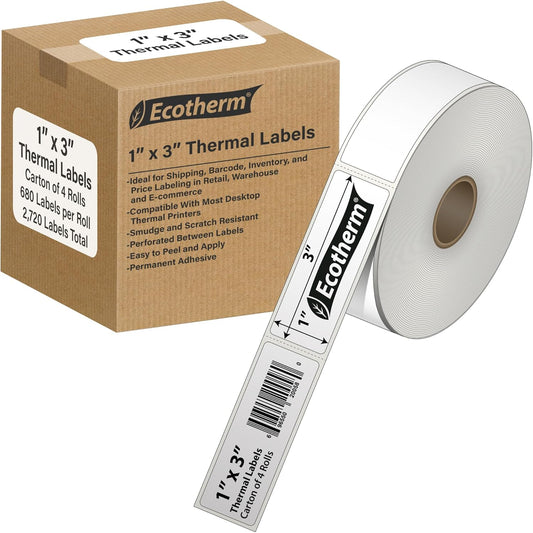 1" x 3" Thermal Labels | 4 Rolls | 2720 Labels | fits Zebra, Godex, Arkscan, iDPRT, Offnova Thermal Label Printers and More | Blank White Adhesive Stickers by Ecotherm