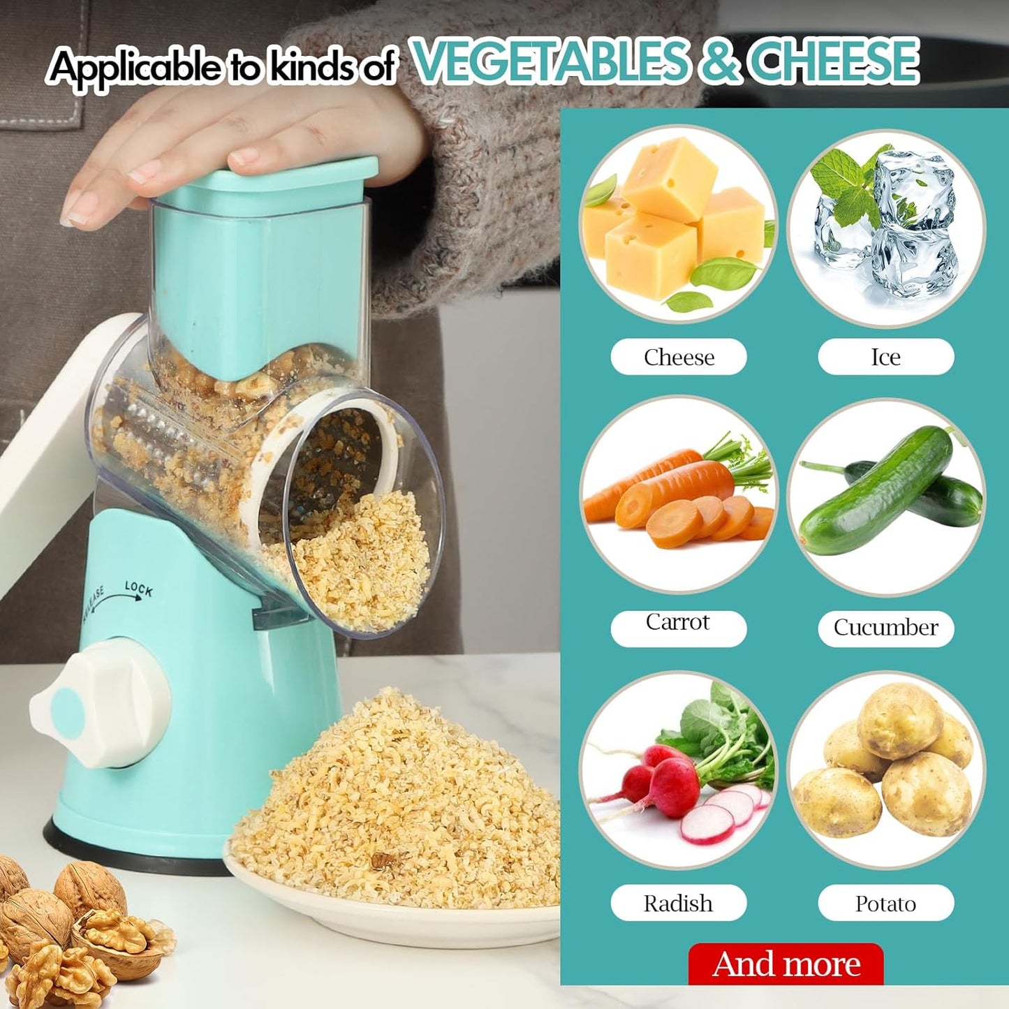 Ourokhome Rotary Cheese Grater Hand Crank, Kitchen Shredder Speed Mandolin Slicer Ice Shaver with Handle and Drum Blades for Cheese, Vegetable, Nuts, Chocolate, Potato, Carrot, 5 Blades, Blue