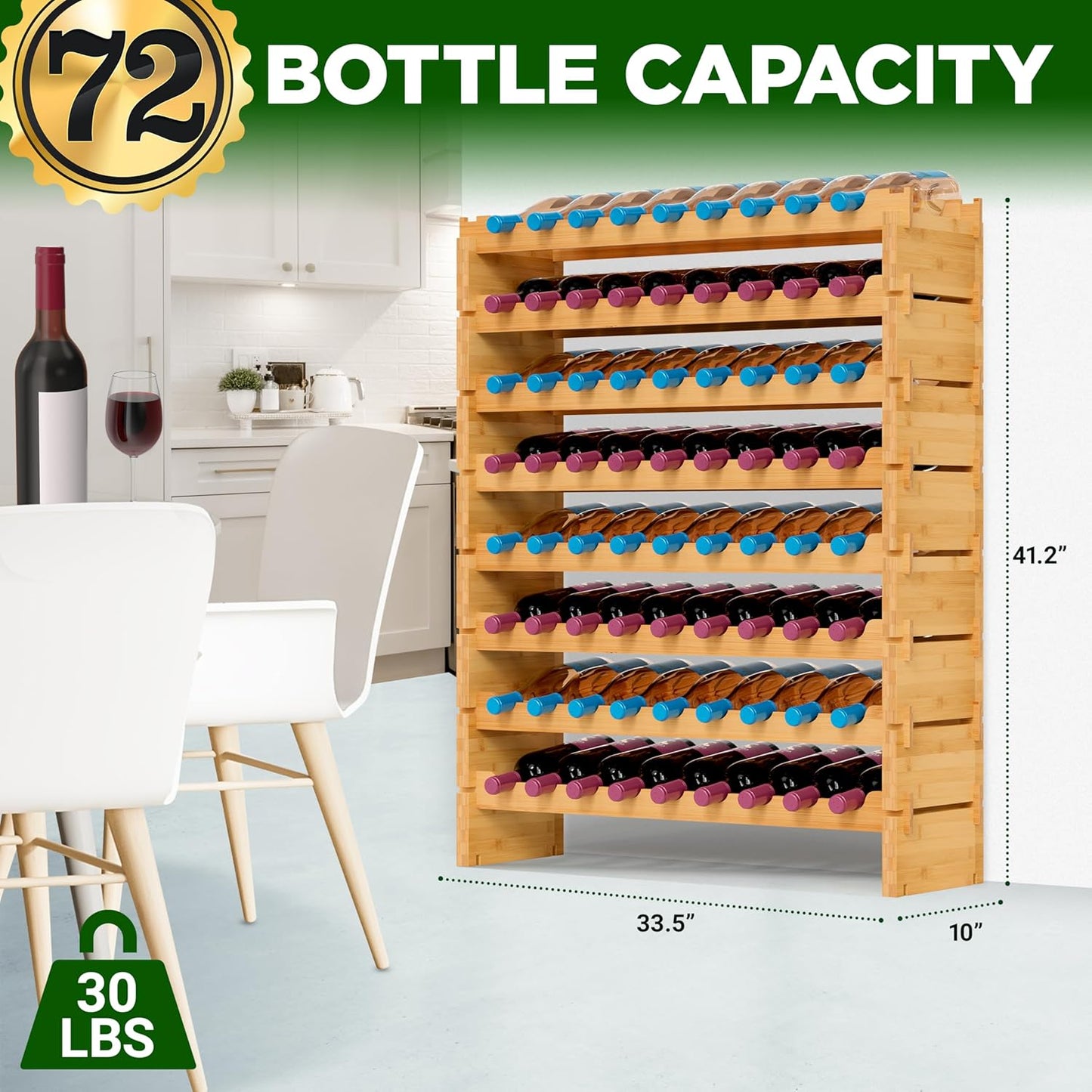 NutriChef Bamboo Stackable Wine Rack, 8-Tier 72 Bottle Capacity Wine Racks Free Standing Floor, No Tools Assembly, Modular Storage Display Shelf for Kitchen and Cellar 33.5" x 10" x 42"