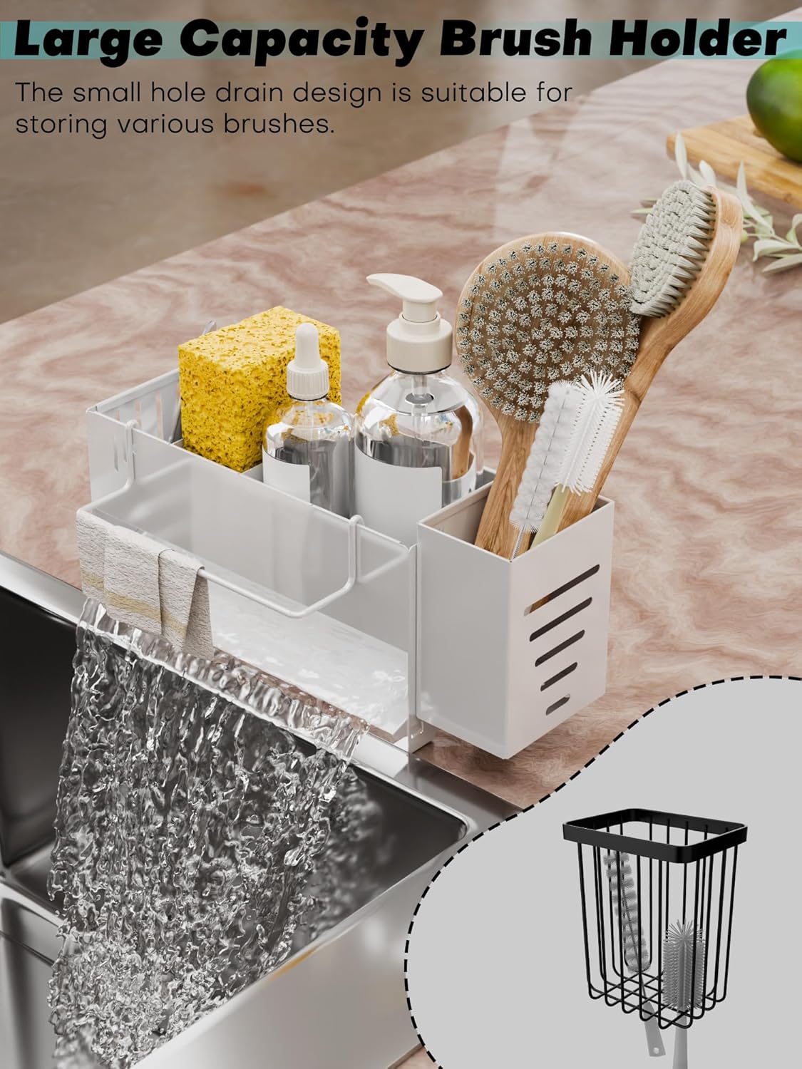 Sponge Holder for Kitchen Sink, Space-Saving Sink Caddy with Brush Holder, Kitchen Countertop Organizers and Storage Essentials