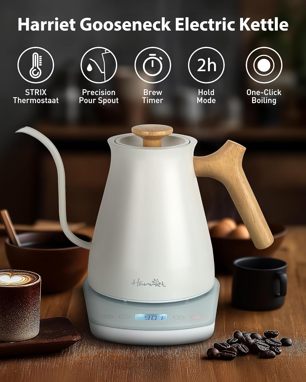 Harriet Gooseneck Electric Kettle - 1200W Fast Heat, 0.8L Stainless Steel, Precision Temp Control & Timer, Wood Handle, Pour Over Coffee and Tea, White