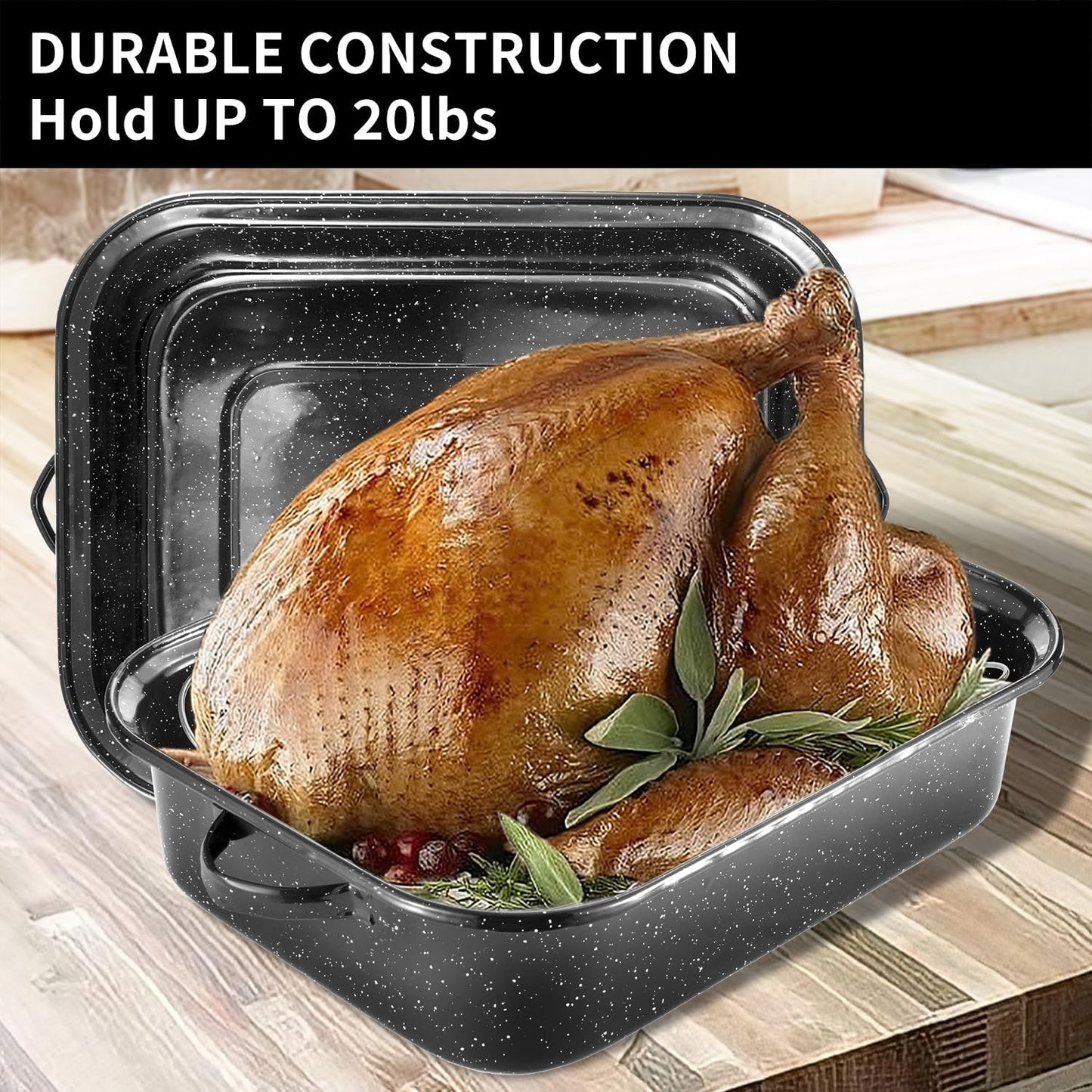 JY COOKMENT Roasting Pan With Lid and Rack, 21' Rectangular, 25lb Turkey Roaster Pot, Large Oven Roaster Tray, V-Rack and Versatile Lid Bone Turkey Baster