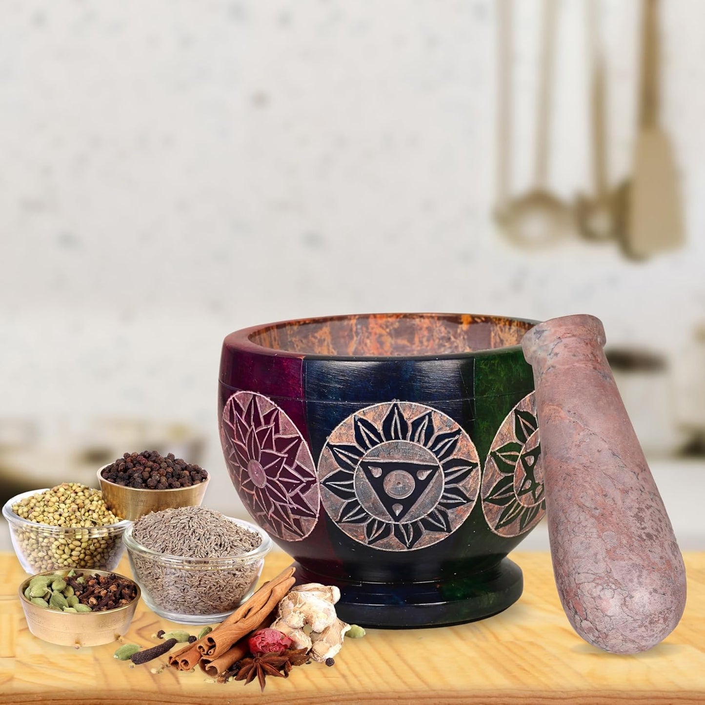 Mortar and Pestle, Made of Heavy Duty Polished Hard Stone, Natural Stone Grinder for Spices, Pastes, Herbs, Seasoning etc. (Rainbow)