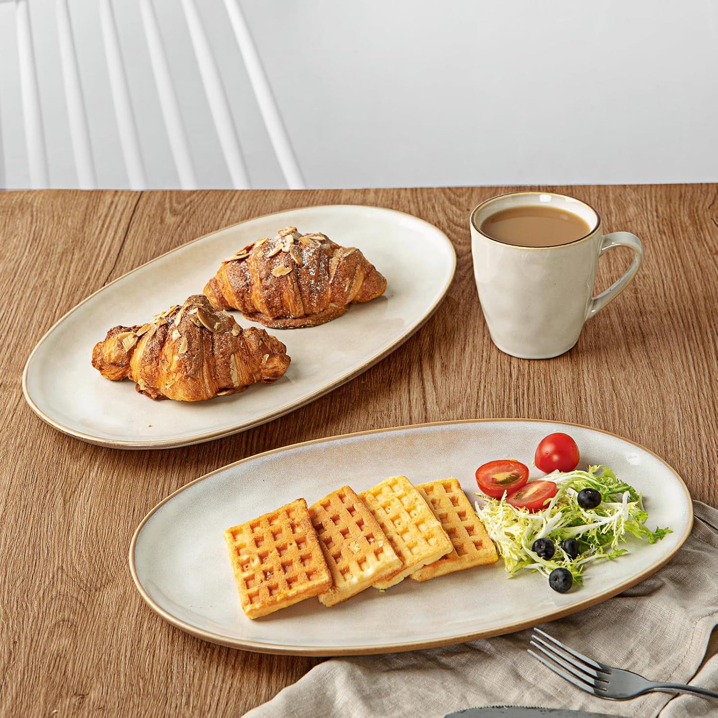 famiware Serving Platter, Oval 15.59/14.3/12.9 inch Serving Dishes for Entertaining, Serving Bowls, Microwave Safe, Stonware Serving Trays for Party, Turkey, Cheese, Ocean Series, Cappuccino White