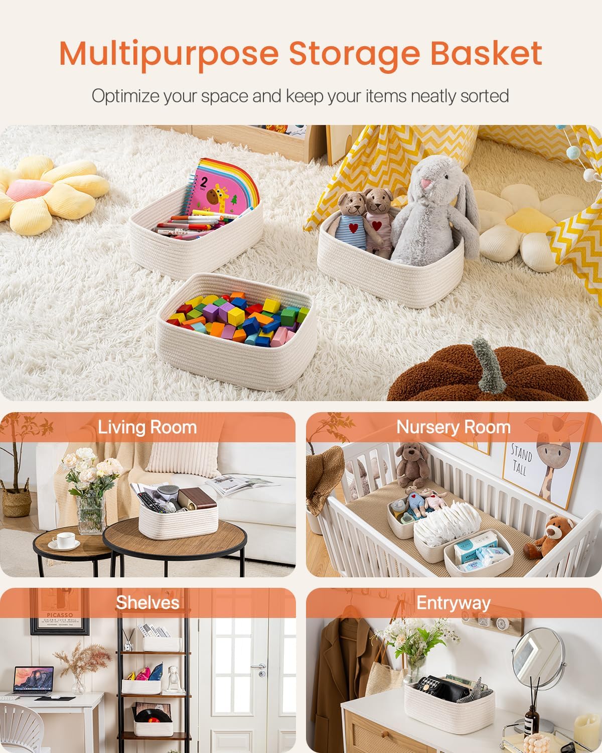 Small Woven Basket, 12 x 8 x 4.5 Inches, Storage Basket for Organizing, Cute Small Rope Shelf Closet Cube Storage Bins Baskets for Shelves, Dog Toy Gift Baskets Empty, 3 Packs, Off White