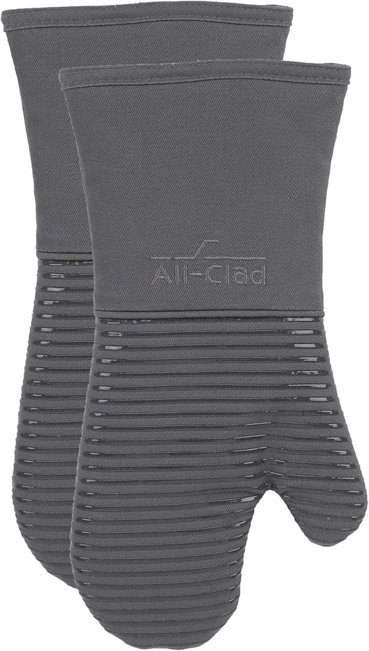 All-Clad Silicone Oven Mitts: Heat Resistant up to 500 Degrees - 100% Cotton & Silicone, 14"x7" Oven Mitt for Kitchen and Barbeque, 2-Pack, Pewter