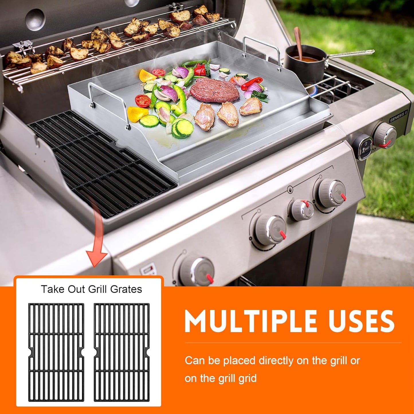GGC Stainless Steel Griddle for Gas Grills, Universal Flat Top Griddle for Gas Stoves, Camping Stoves, 18" x 12.5" Nonstick Cooking Griddles for Charcoal, Tailgating, Parties