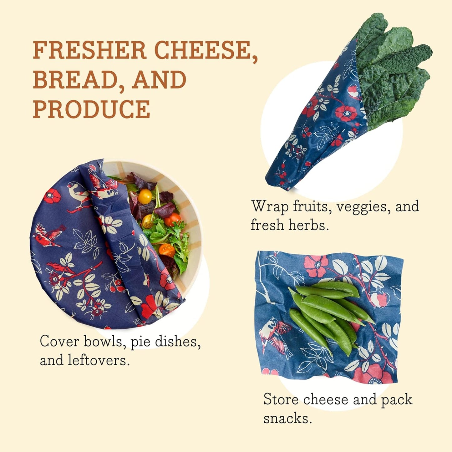 Bee's Wrap Beeswax Wraps for Food - Botanical 3 Pack (S, M, L) Made in USA Reusable & Organic Food Wraps, Sandwich Wrap & Bowl Covers - Eco-Friendly Alternative to Aluminum Foil & Plastic Wrap