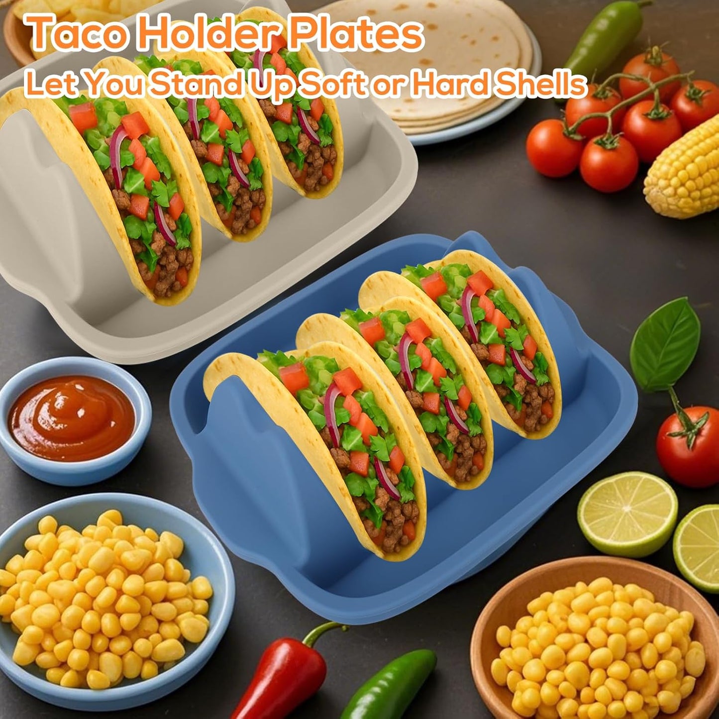 Silicone Taco Holders Set of 2 - Reusable Taco Stand with Dividers for Hard/Soft Shells, Microwave & Dishwasher Safe, Non-Slip Taco Serving Plates for Taco Tuesday, Party, Fiesta