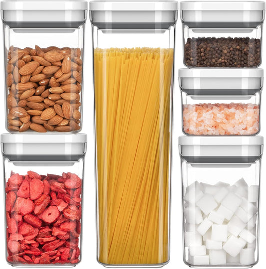 MR.SIGA 6 Piece Airtight Food Storage Container Set, BPA Free Kitchen Pantry Organization Canisters, One-handed Kitchen Storage Containers for Cereal, Spaghetti, Pasta, White