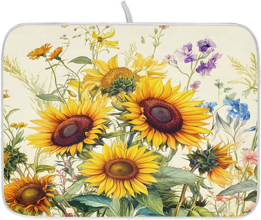 Blooming Sunflowers Dish Drying Mat for Kitchen Counter Absorbent Microfiber Large Drying Pad Dish mats for Kitchen Countertops 18 x 24 Inch