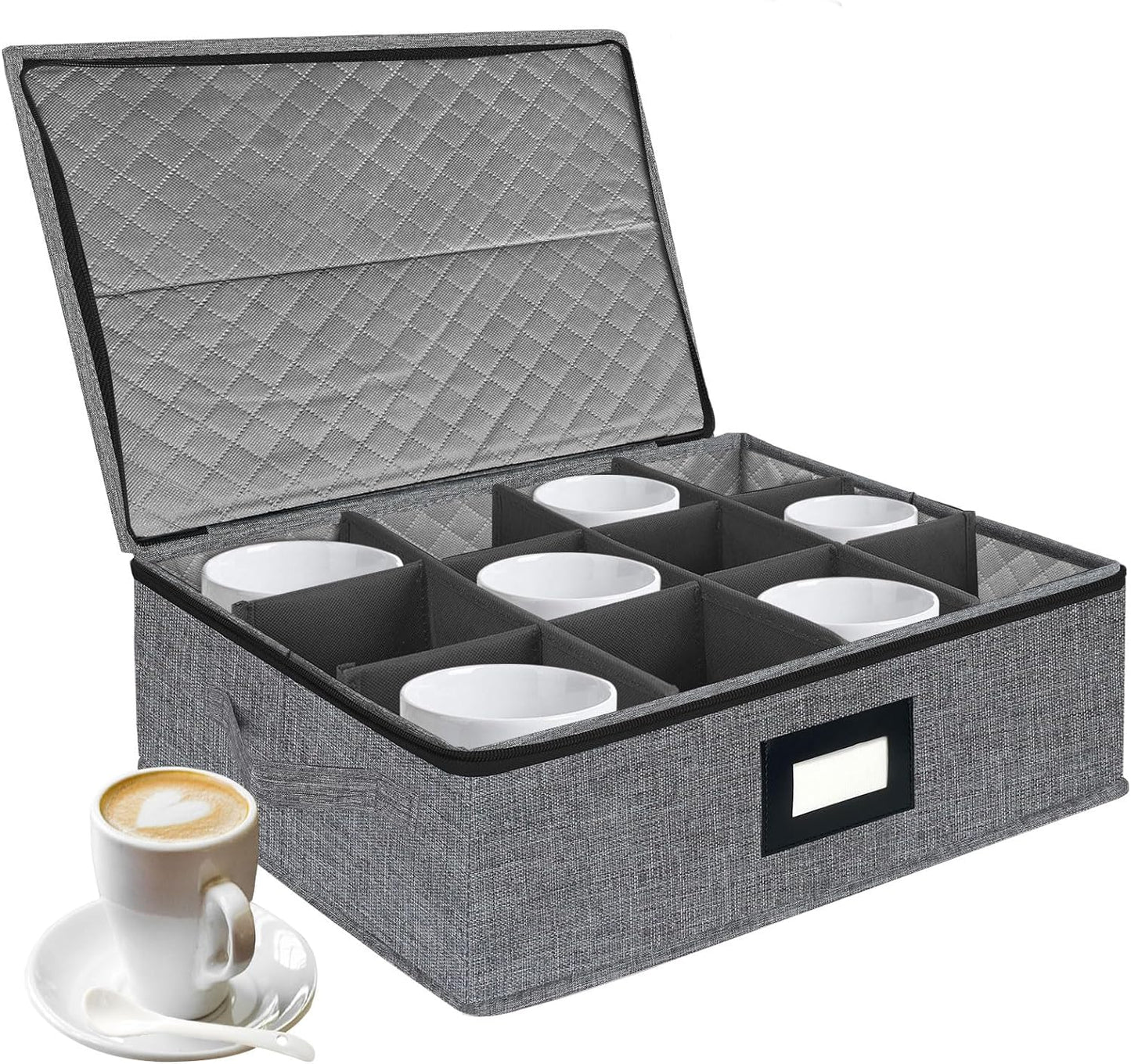 VERONLY Mug and Cup Storage Box with Dividers, Coffee Mug Storage Case China Storage Containers Hard Shell with Lid and Handles, Stackable for 12 Coffee Mugs, Tea Cups, Moving & Packing (Dark Grey)