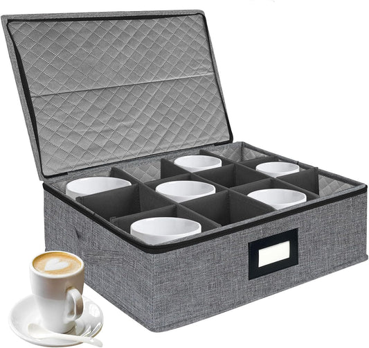VERONLY Mug and Cup Storage Box with Dividers, Coffee Mug Storage Case China Storage Containers Hard Shell with Lid and Handles, Stackable for 12 Coffee Mugs, Tea Cups, Moving & Packing (Dark Grey)