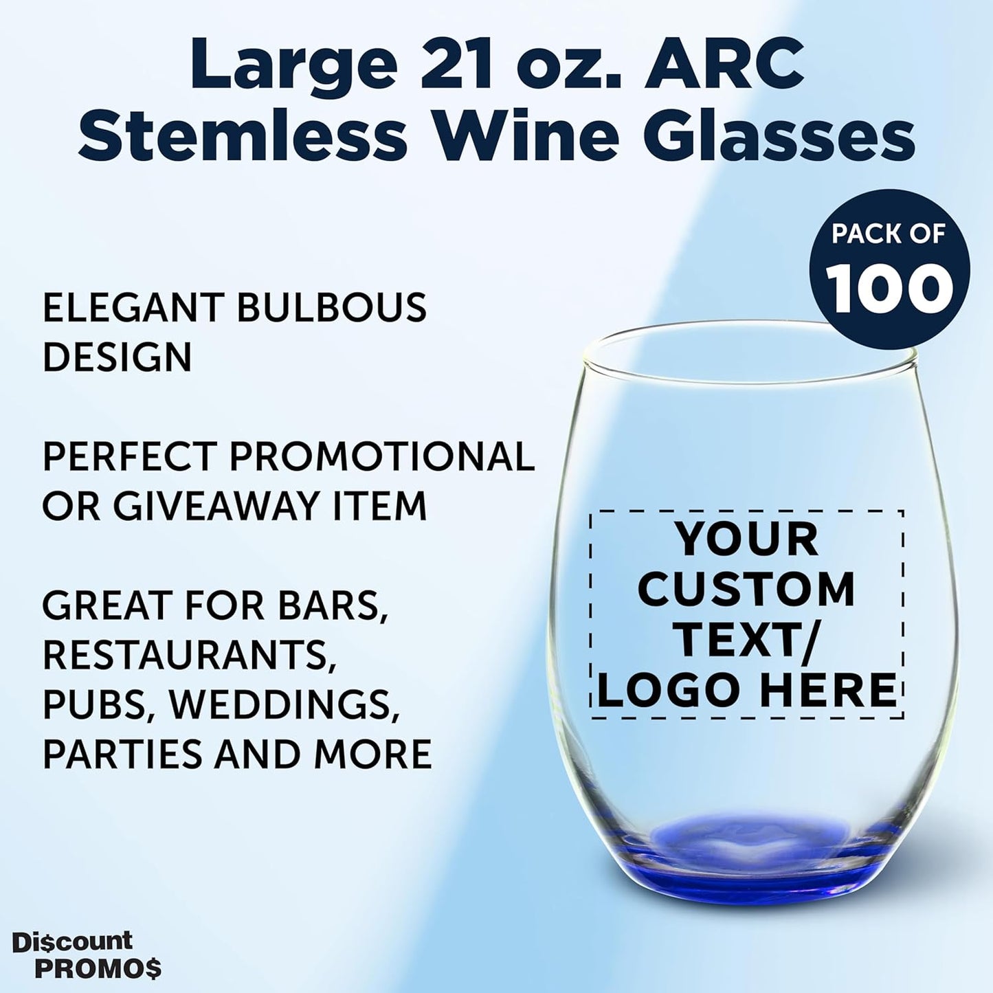 DISCOUNT PROMOS 100 ARC Stemless Wine Glasses Set, 21 oz. - Customizable Text, Logo - Chardonnay, Cabernet, Merlot, Sauvignon - Blue