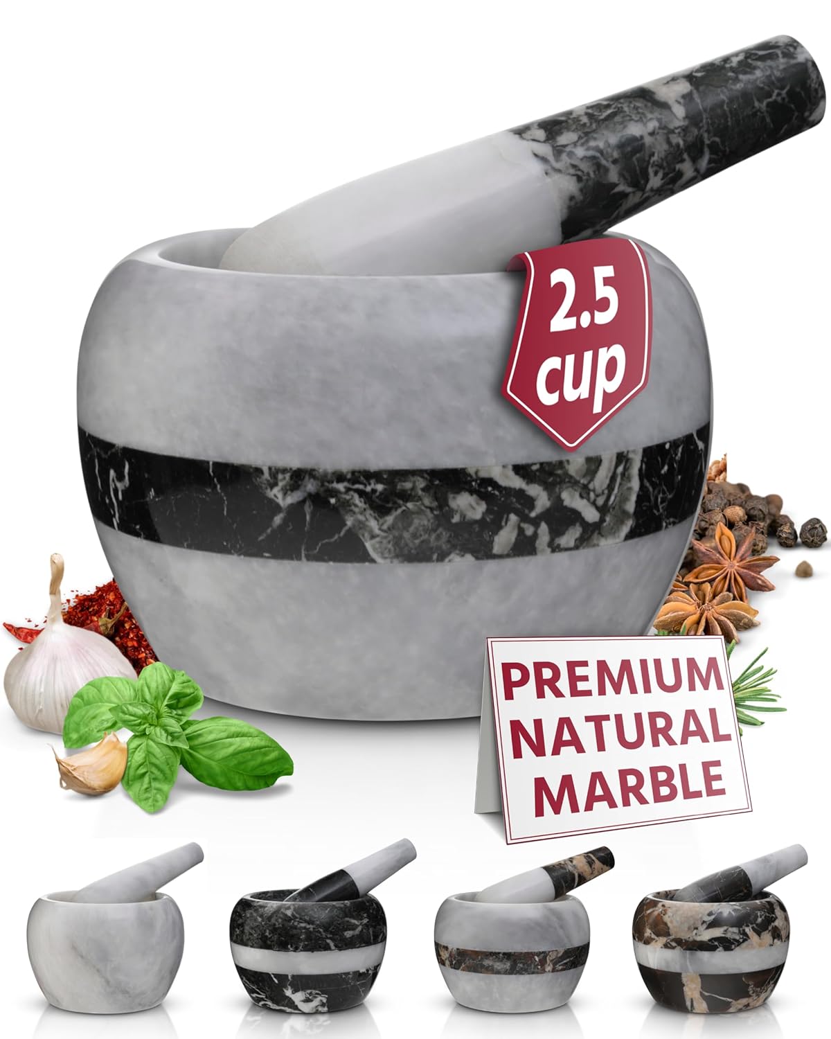 Gusto Nostro Natural Marble Mortar and Pestle Set | 5 Inch - 2.5 Cup Large Mortar Pestle Set for Grinding Herbs, Nuts, Grains | Pesto Grinding and Guacamole Stone Bowl | Marble Spice Crusher