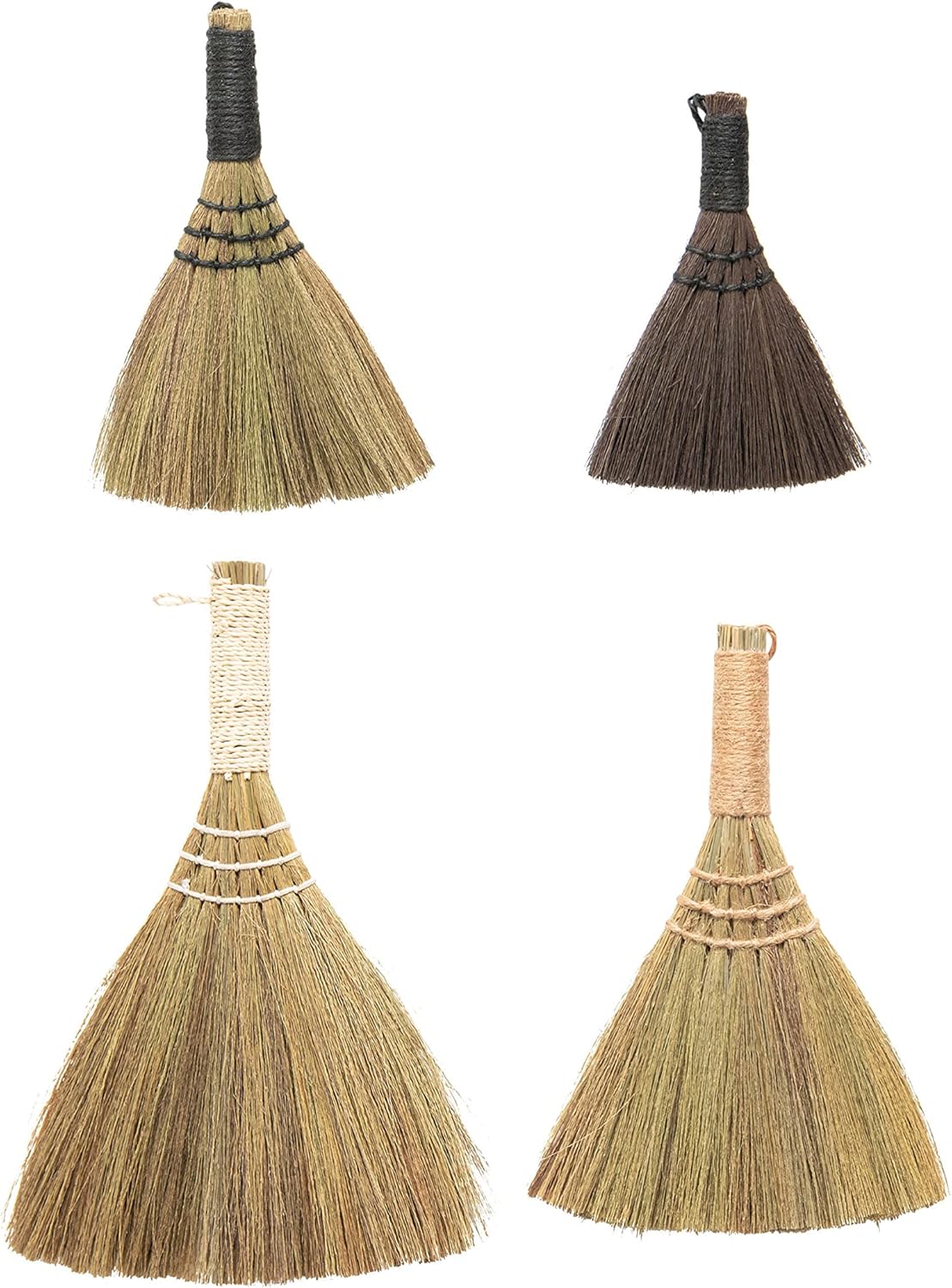 Creative Co-Op Whisk Brooms with Yarn Wrapped Handles, Multi Color Neutrals, Set of 4