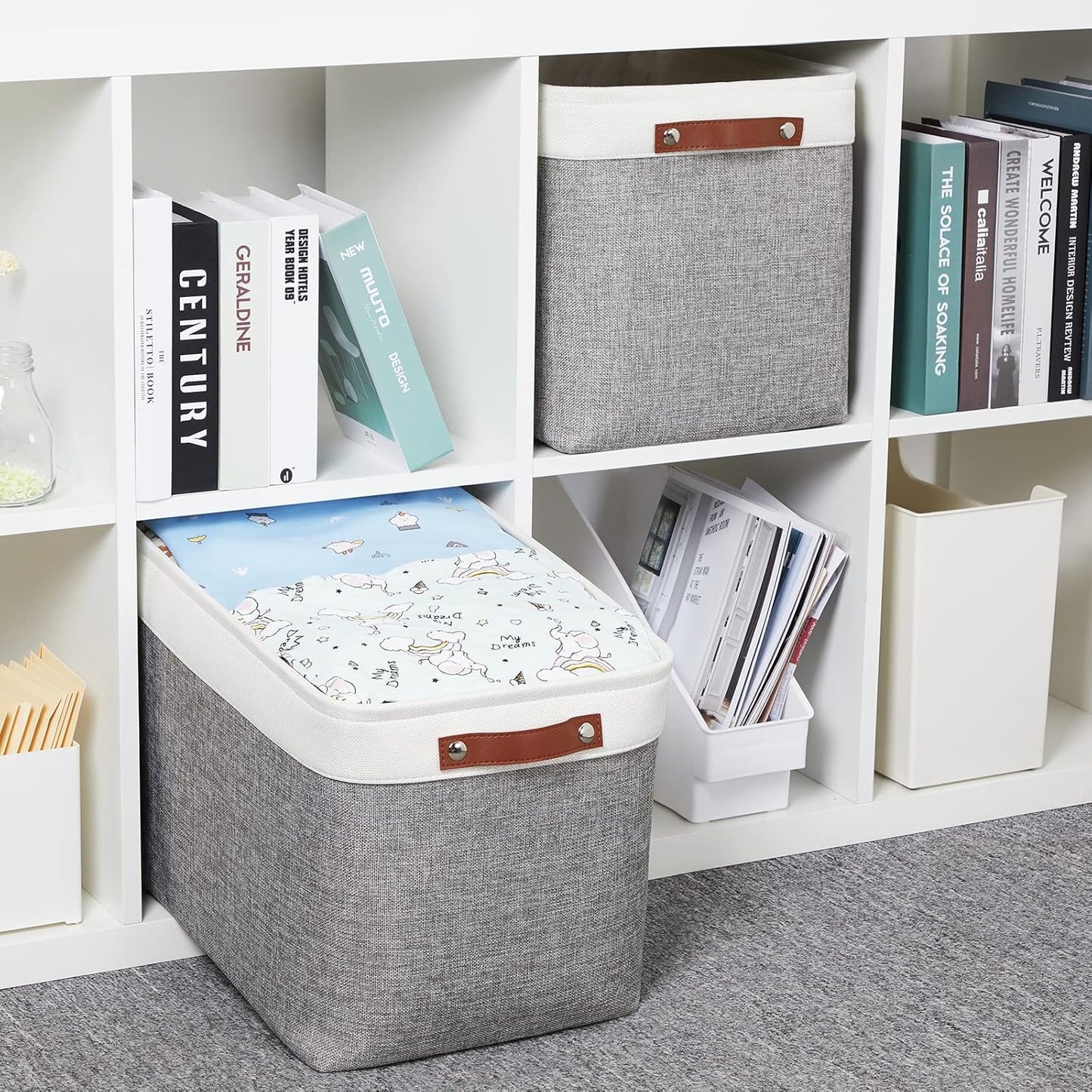 HNZIGE Large Fabric Storage Baskets Bins for Organizing [2 Pack] Foldable Storage Bin Tall Baskets for Shelves 16" X 11.8" X 11.8" Canvas Rectangular Decorative Storage Bins for Closet(Gray&White)