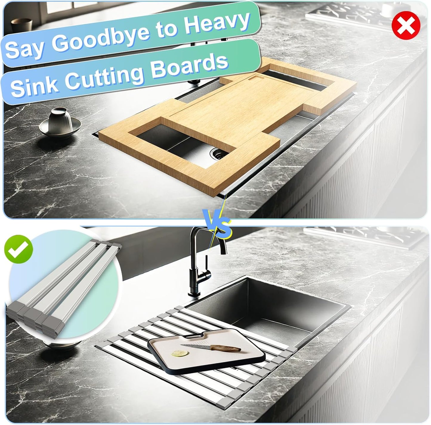 Mamakura Roll Up Dish Drying Rack Over The Sink，Multipurpose Foldable Sink Cutting Boards&Dish Rack for Kitchen,Aluminum Alloy Sink Rack Mat,21.85"x13.31",Grey