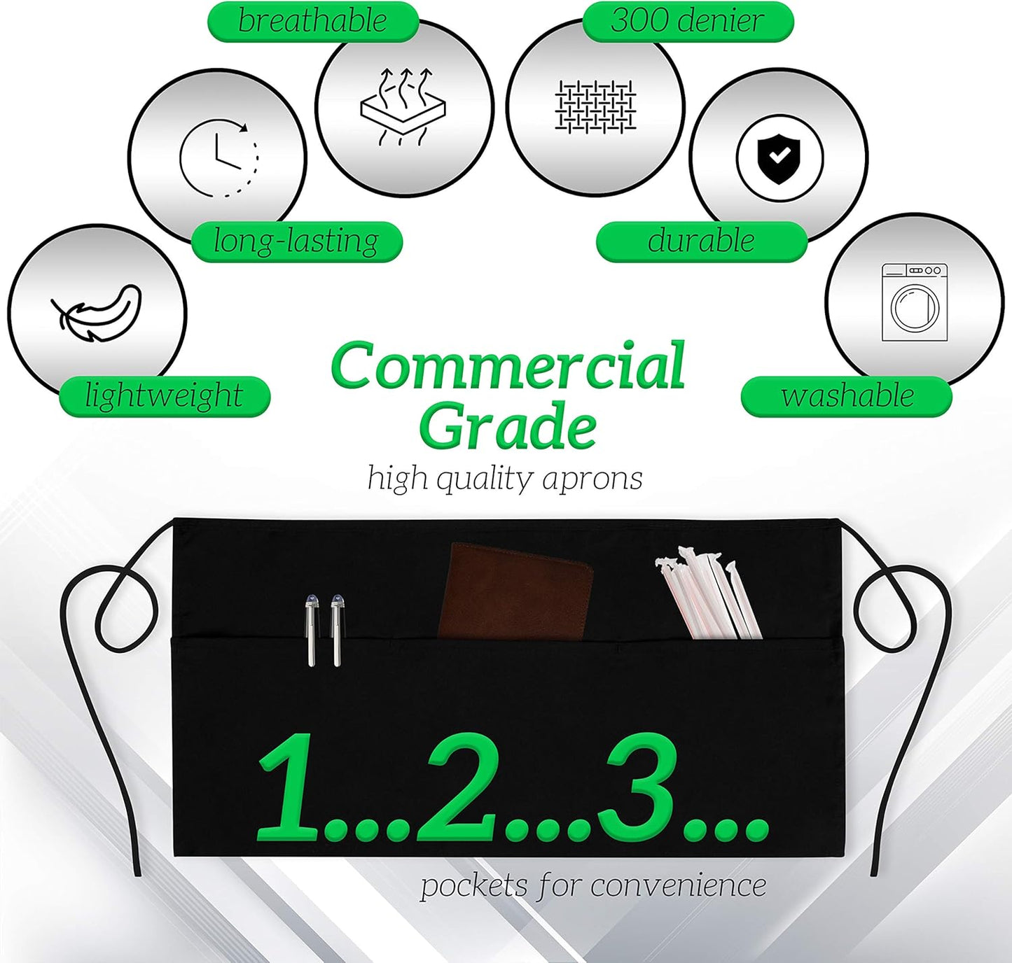 GREEN LIFESTYLE Server Aprons with 3 Pockets - Waist Apron, Waitress Apron for Women and Man, Water Resistant with Long Waist Strap Reinforced Seams, Half Apron (12 Pack - Black)